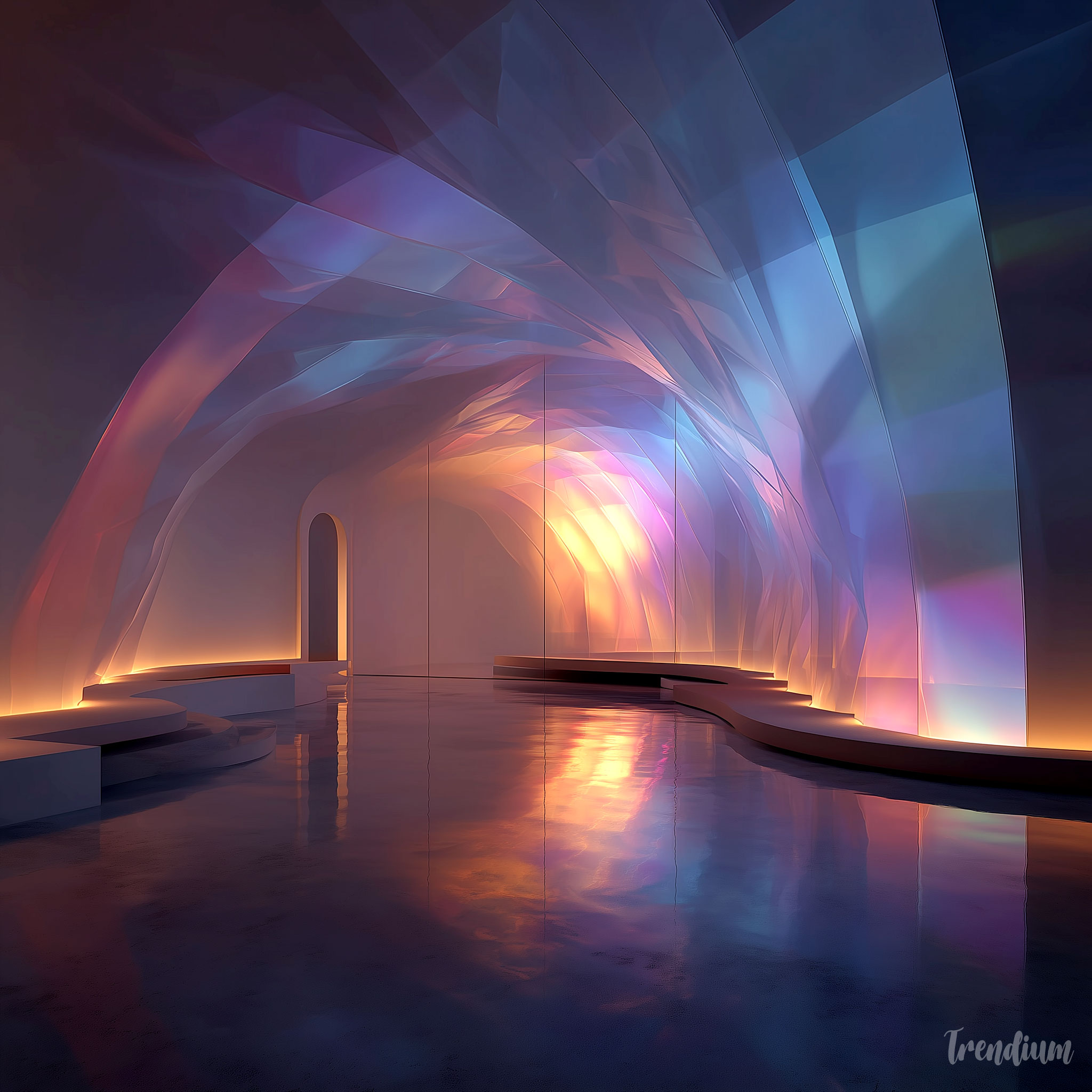 [prompt] interior lighting design, soft glowing radial light, prismatic color reflections, vibrant gradients, orphism inspired atmosphere, futuristic living space --exp 1 --raw --stylize 300