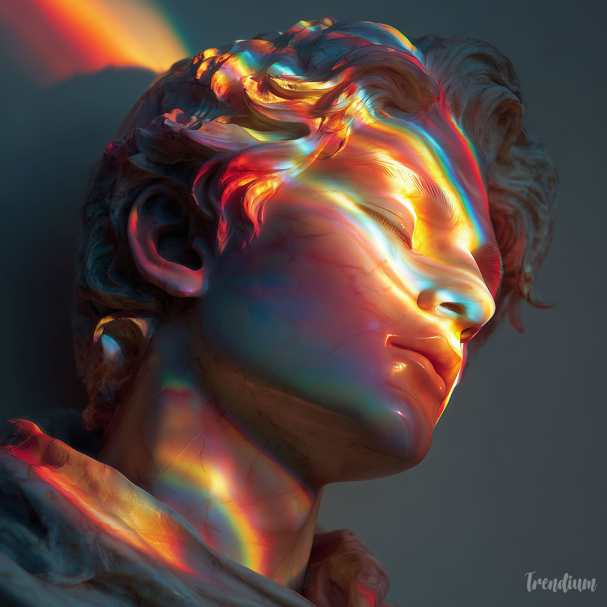 [prompt] renaissance marble sculpture, classical for a kpop idol boy figure, smooth anatomical detail, concentric color projections, vibrant spectrum light, orphism style overlay, museum lighting, dramatic shadows --chaos 1 --exp 1 --raw --stylize 300