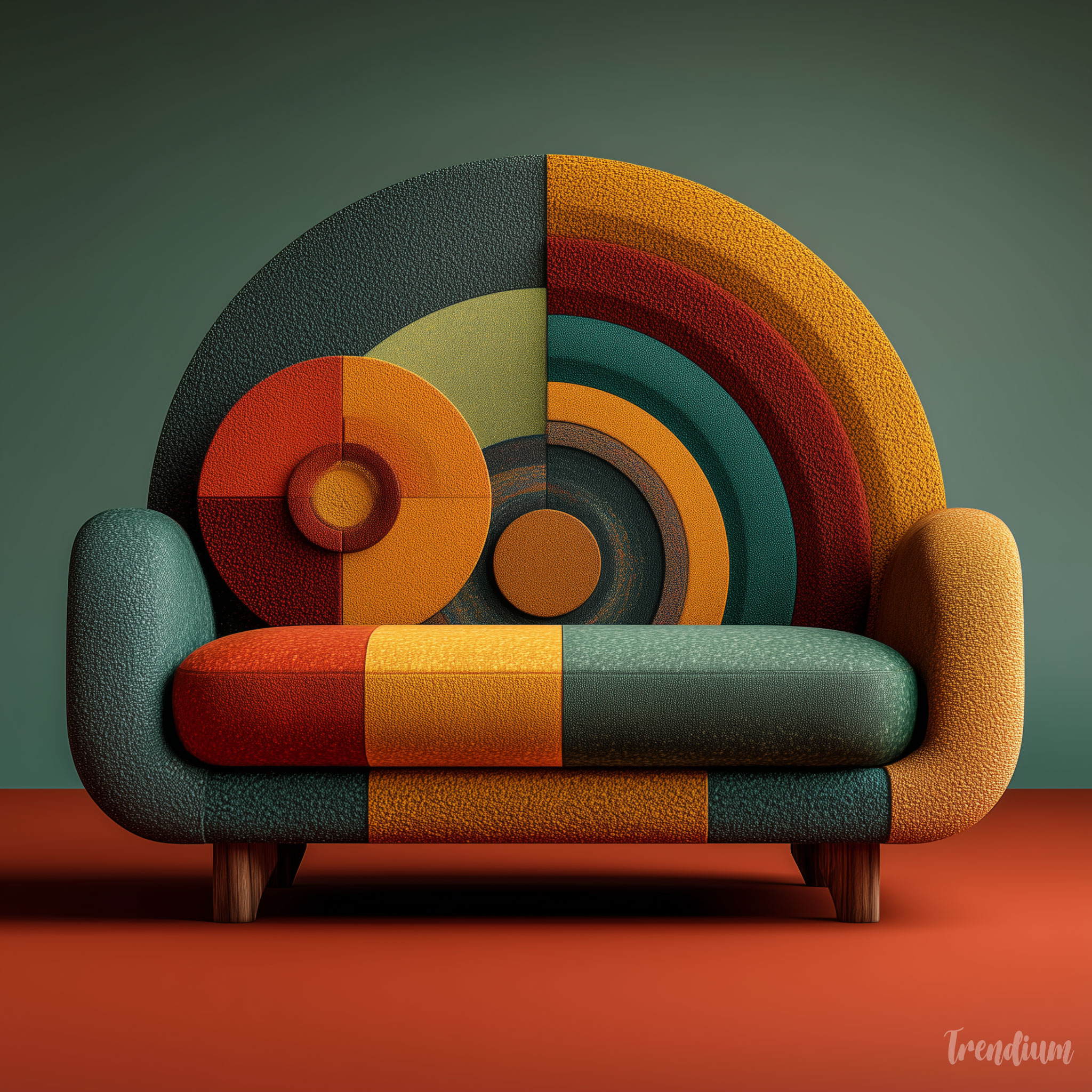 [prompt] modern sofa design, layered circular geometry, bold color blocking, vibrant palette, radial composition, orphism inspired furniture, artistic interior piece --raw --stylize 300