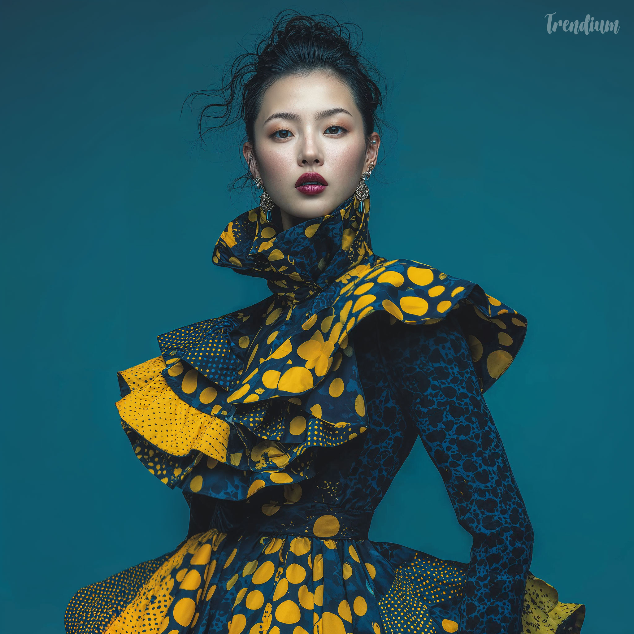 [prompt] victorian dress fashion editorial, layered circular patterns, bold color contrast, glowing highlights, orphism aesthetic, moody background, high-end magazine photography. A Korean model. --exp 1 --raw --stylize 300