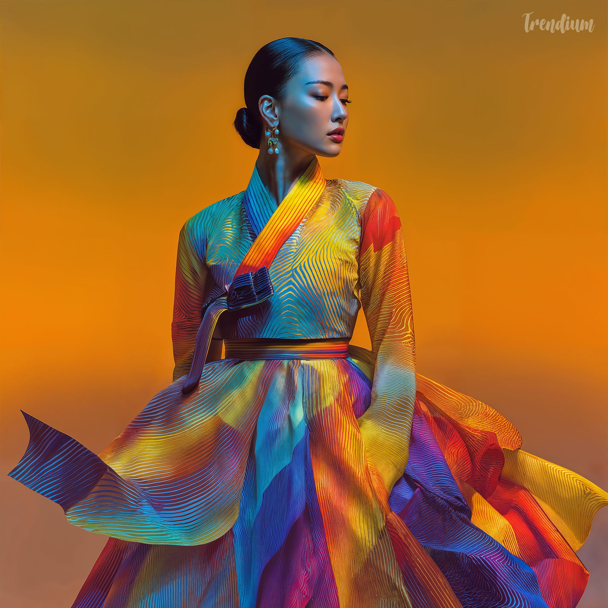 [prompt] A Korean model. modern hanbok reinterpretation, flowing silhouette, vibrant radial color gradients, concentric patterns, orphism inspired textile, elegant korean aesthetic --raw --stylize 300