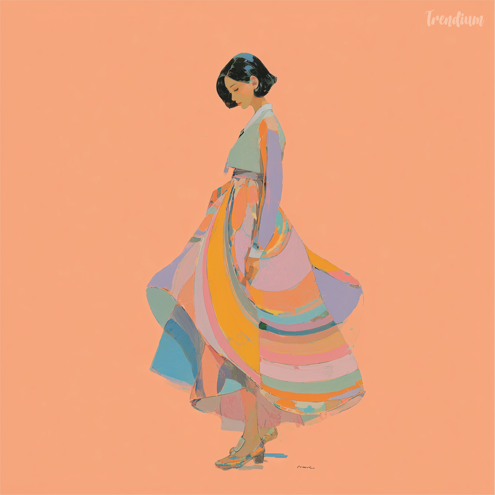 [prompt] A Korean model. modern hanbok reinterpretation, flowing silhouette, vibrant radial color gradients, concentric patterns, orphism inspired textile, elegant korean aesthetic --raw --stylize 300 --sref 1025521360