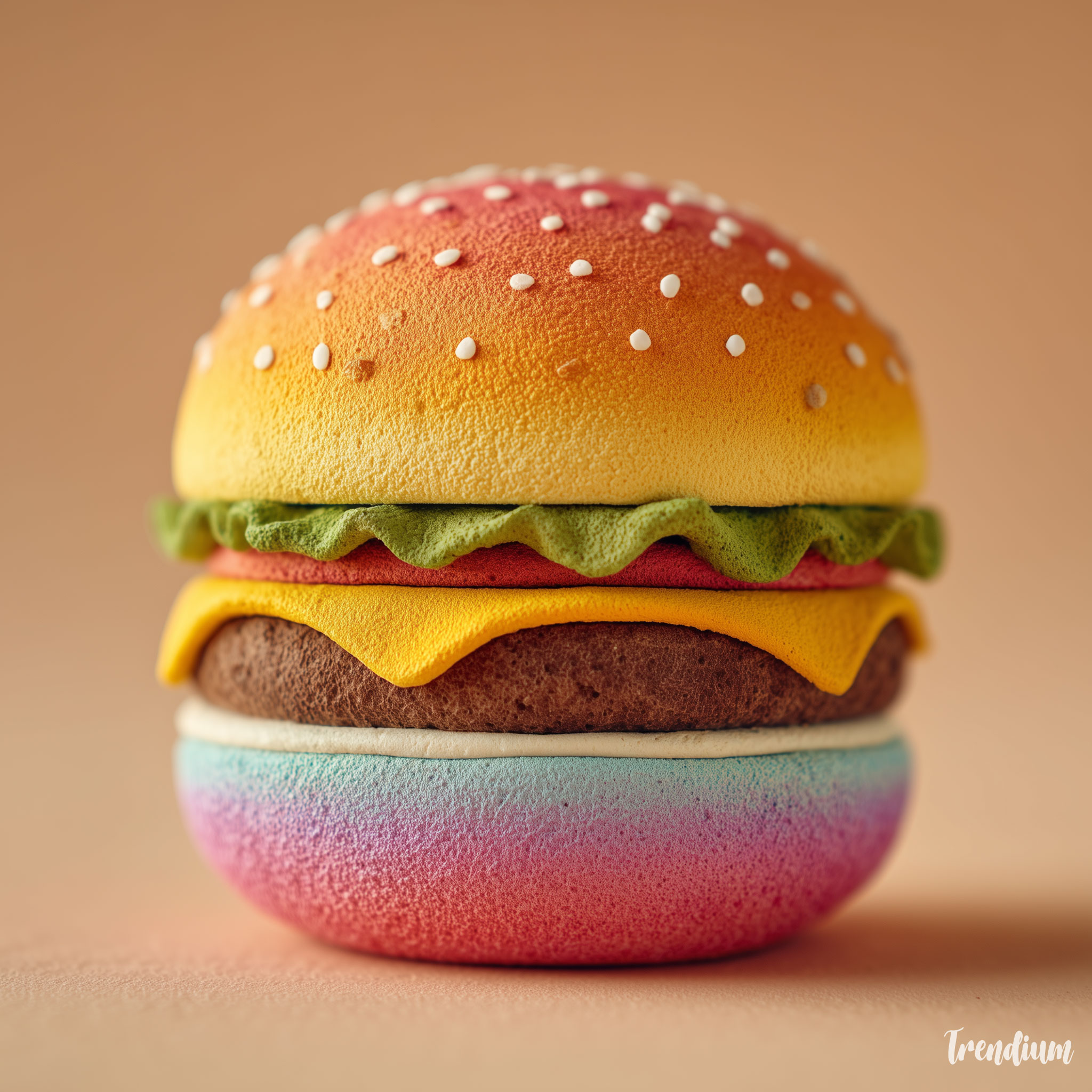 [prompt] A delicious-looking burger made entirely of modeling clay, vibrant primary colors, matte finish, textured clay bun with small clay sesame seeds, stop-motion animation still, soft cinematic shadows. --exp 1 --raw --stylize 300