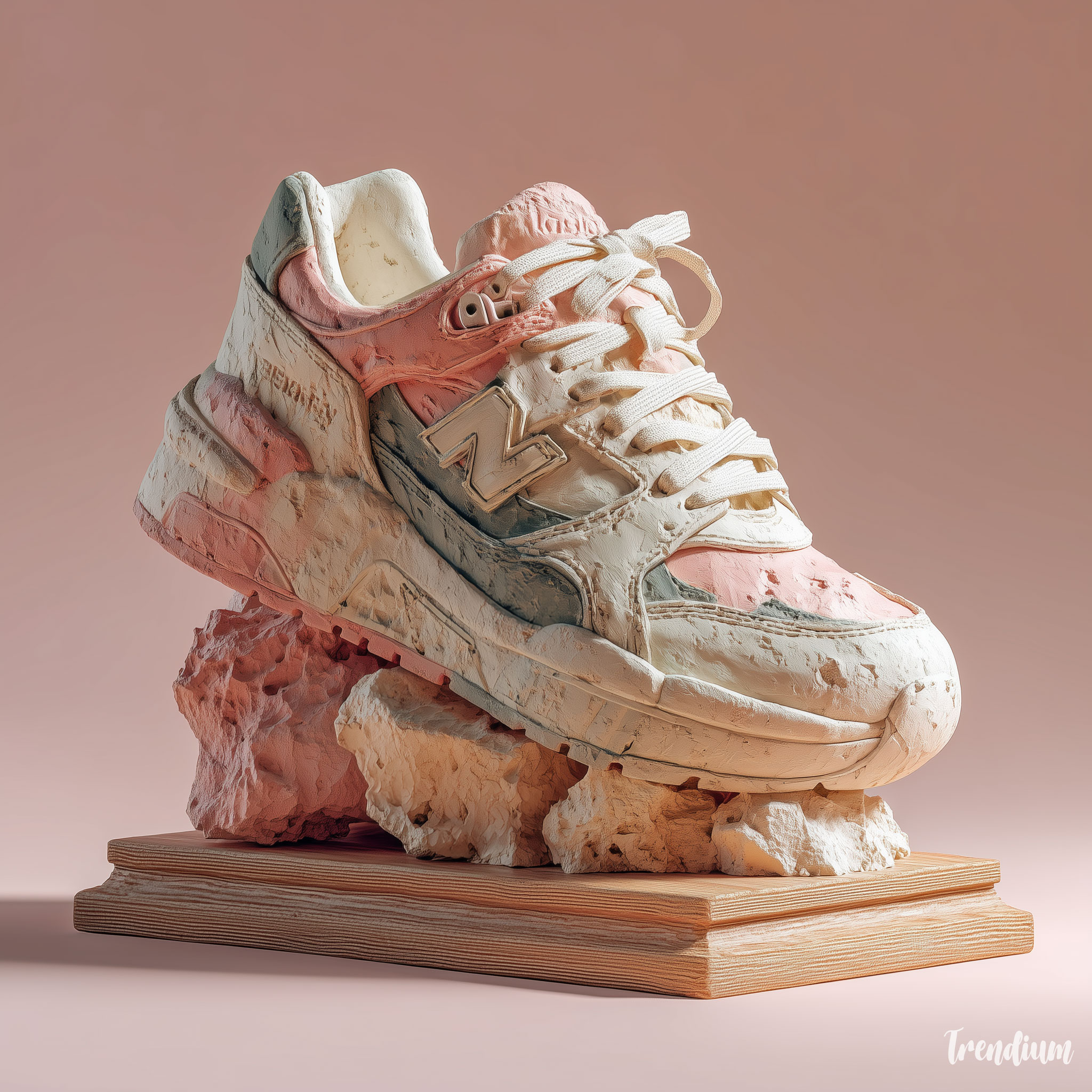 [prompt] Luxury sneaker reimagined as a clay sculpture, organic pliable shapes, minimalist composition, pastel clay palette, tactile surface, dramatic soft-box lighting, high-end editorial style. --raw --stylize 300