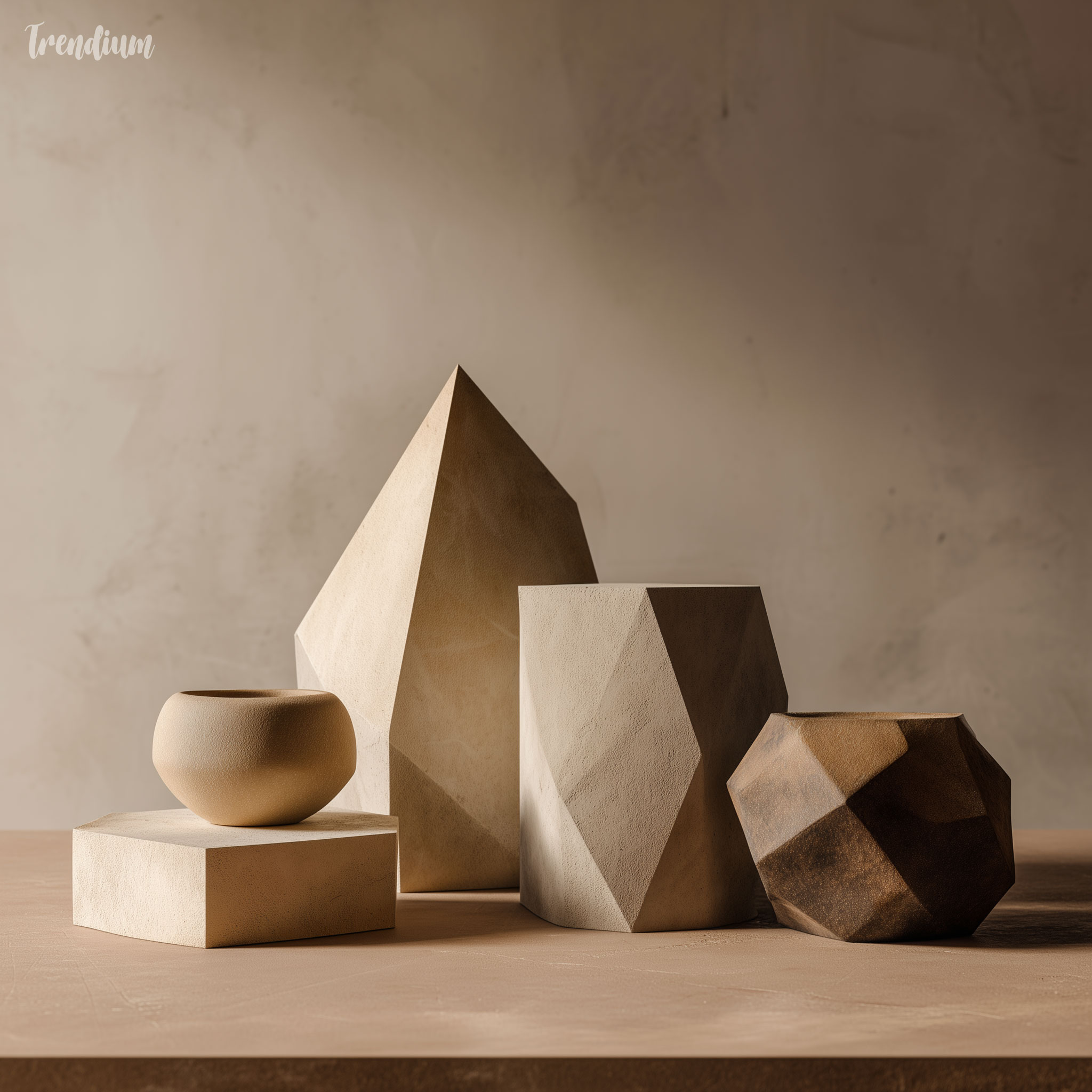 [prompt] minimal table and object set in claymation style, geometric yet imperfect clay forms, matte earthy tones, subtle asymmetry, soft diffused lighting, tactile surface, modern product design aesthetic