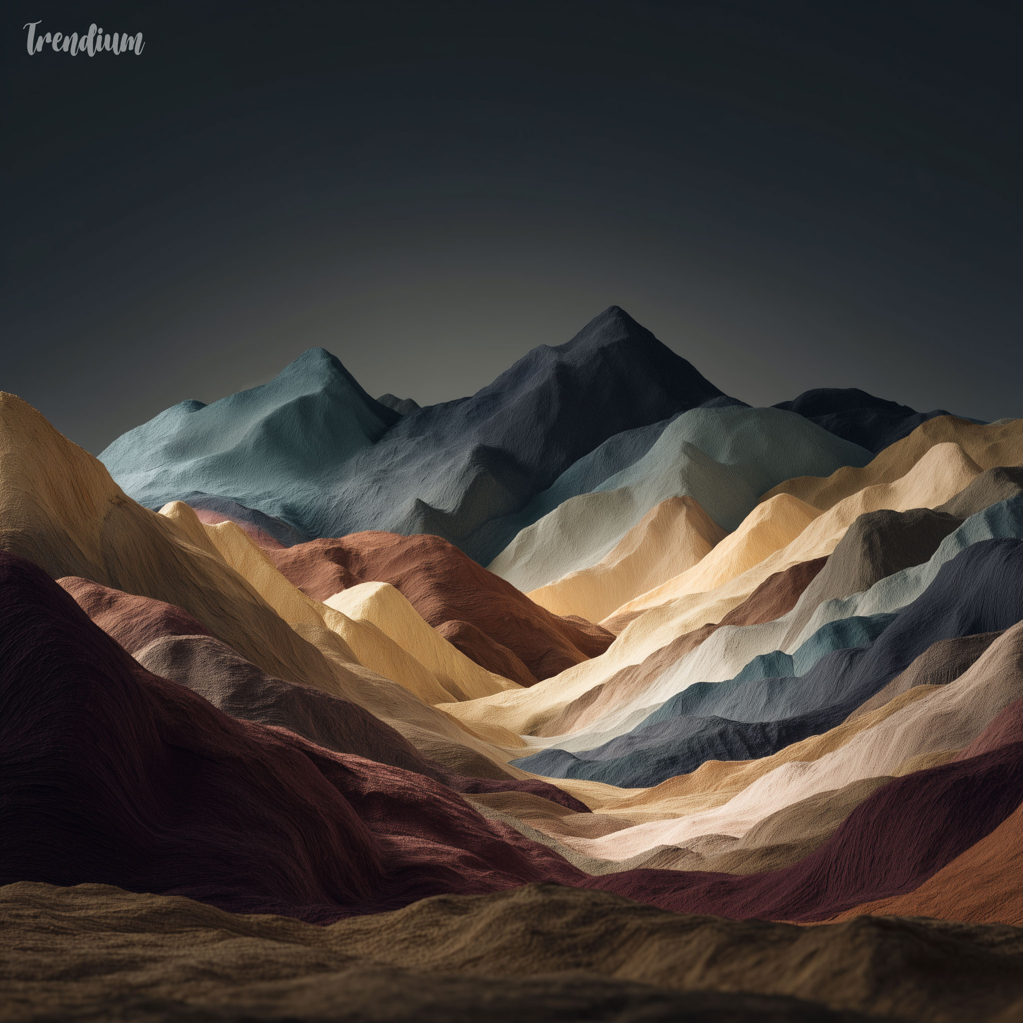 [prompt] A majestic mountain landscape during sunset, sculpted entirely from colored clay. Layered organic forms, deep earthy clay tones, soft diffused light (sunset effect) on matte surfaces, stop-motion photography aesthetic, cinematic composition, serene atmosphere.