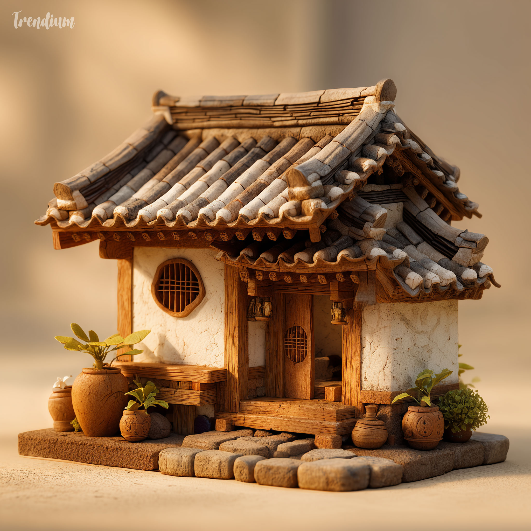 [prompt] traditional Korean hanok house in claymation style, tiled roof with hand-sculpted clay texture, visible fingerprints, wooden structure simplified into clay forms, matte earthy tones, soft diffused lighting, miniature tactile environment
