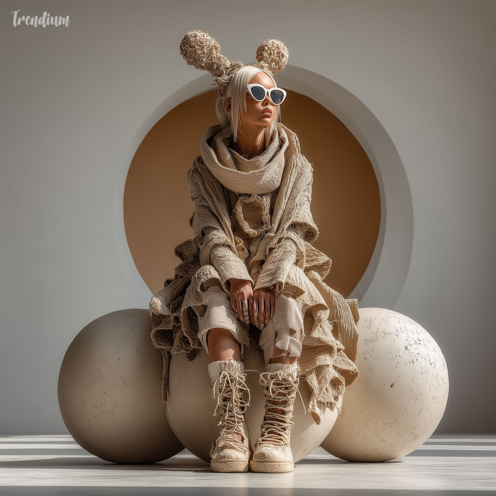 [prompt] fashion editorial in claymation style, model sculpted in clay, organic textures, surreal handmade outfit, soft shadows, artistic composition --raw --stylize 500