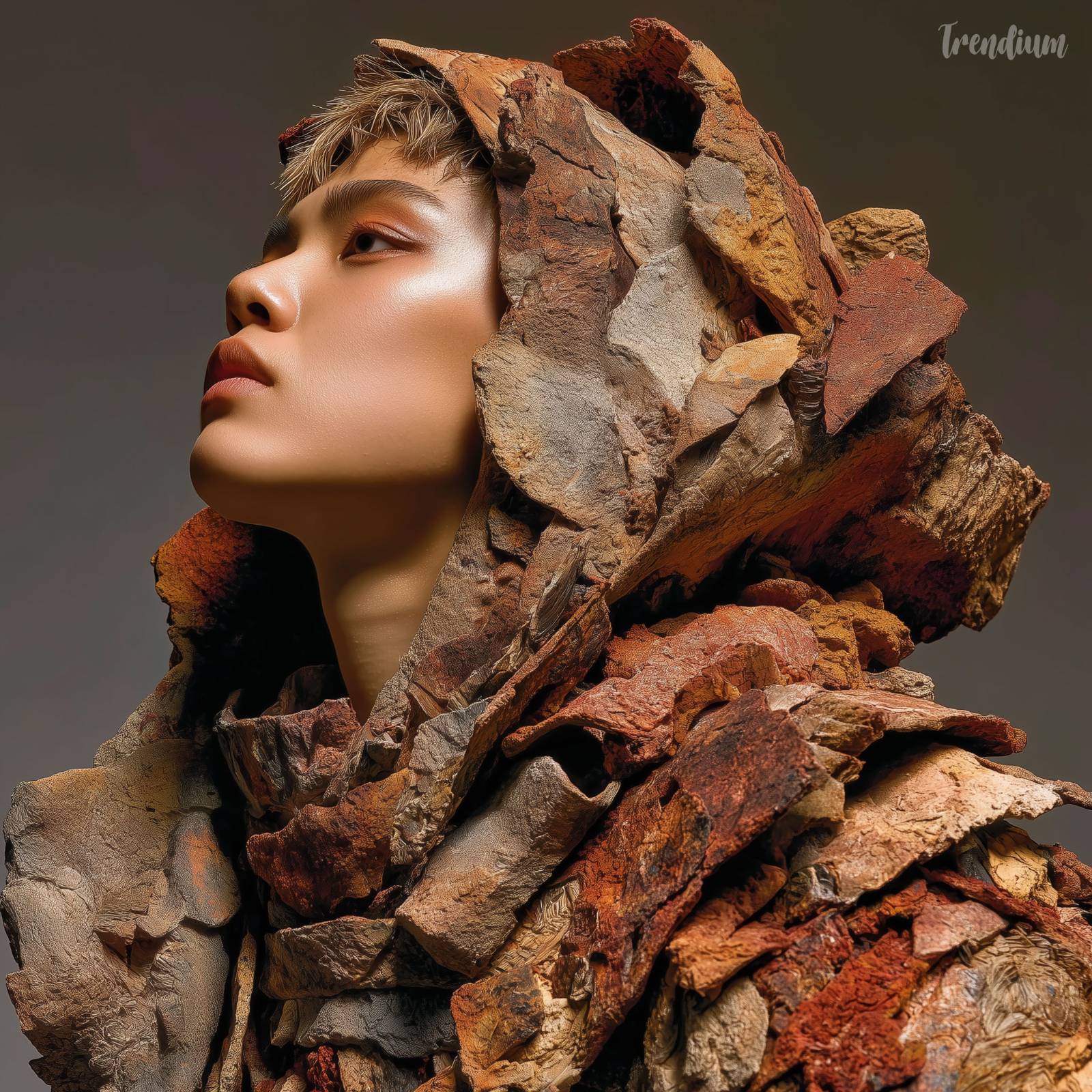 [prompt] High-fashion editorial shot, a Korean model sculpted in textured clay wearing a surreal, oversized clay outfit. Organic forms, raw earthy colors (terracotta, slate, ochre), visible handcrafted details, subsurface scattering (SSS) effect on clay, dramatic studio lighting, avant-garde composition. --chaos 3 --raw --stylize 600