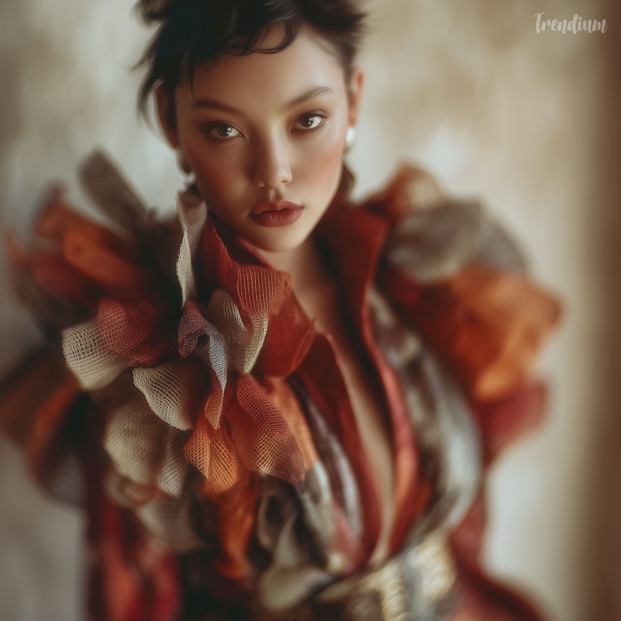 [prompt] High-fashion editorial shot, a Korean model sculpted in textured clay wearing a surreal, oversized clay outfit. Organic forms, raw earthy colors (terracotta, slate, ochre), visible handcrafted details, subsurface scattering (SSS) effect on clay, dramatic studio lighting, avant-garde composition. --chaos 3 --raw --stylize 600 --sref 424715805