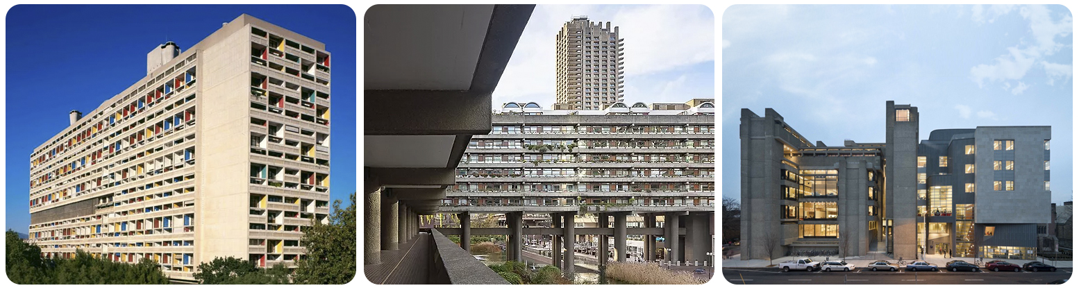 (좌) 위니테 다비타시옹, 르 코브지에, 1952   |   (중) 바비칸 단지, 체임벌린, 파월 앤 본, 1962~1973   |   (주) 예일 건축학교, 폴 루돌프, 1963