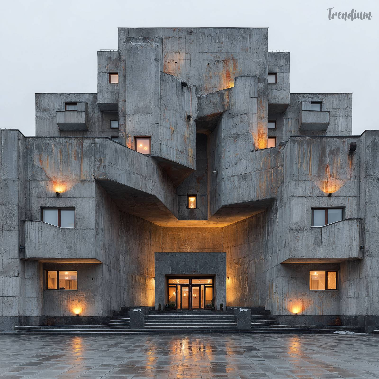 [prompt] apartment complex, massive raw concrete facade, deep window recesses, dramatic overcast light, 1960s Soviet architecture style, oppressive monumental scale, rust stains and weathering on concrete, ultra-detailed architectural photography, no people --stylize 400 --raw