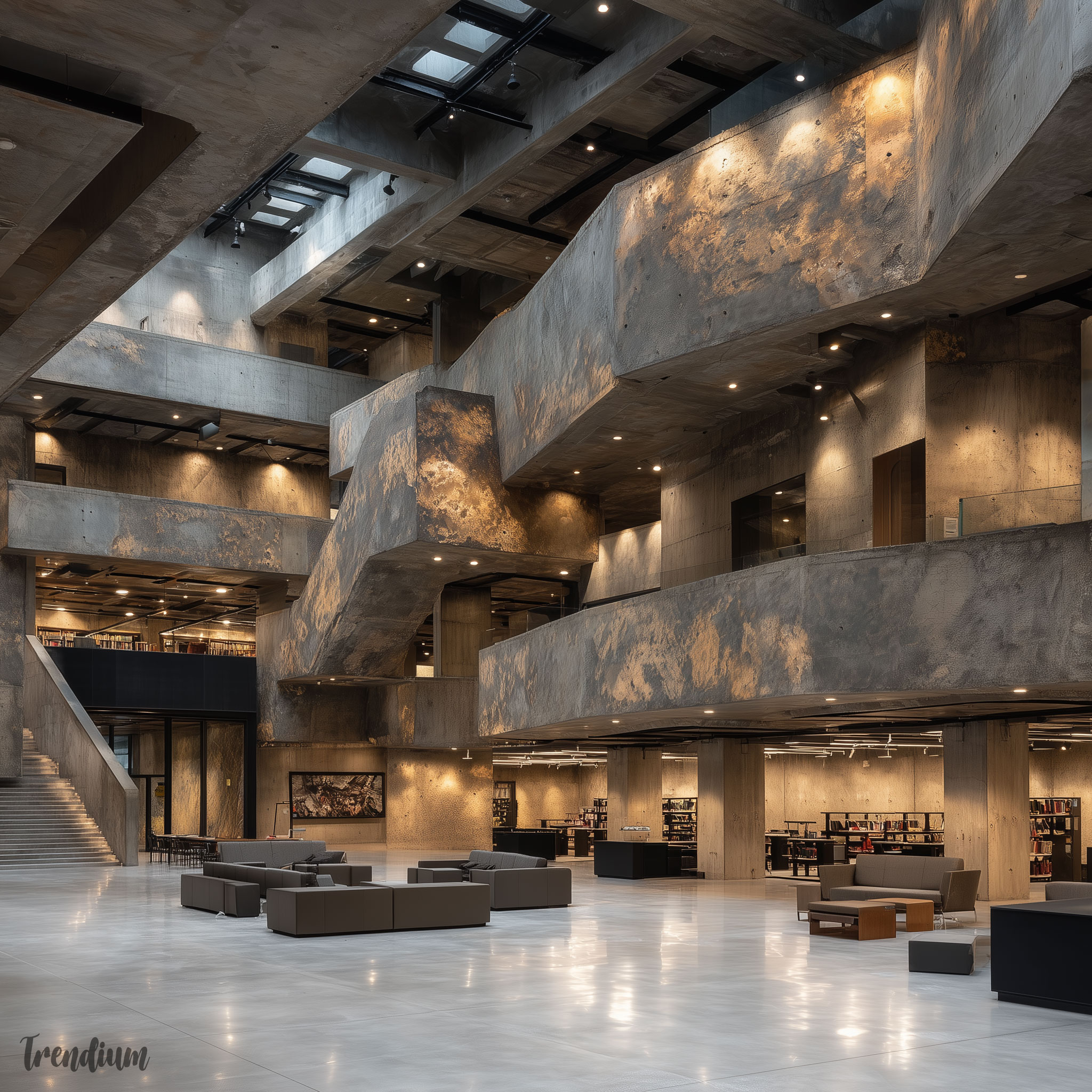 [prompt] Brutalist library interior, exposed concrete ceiling, multi-level open plan, harsh directional light, béton brut walls, board-formed texture, brutalist sublime atmosphere --raw --stylize 400