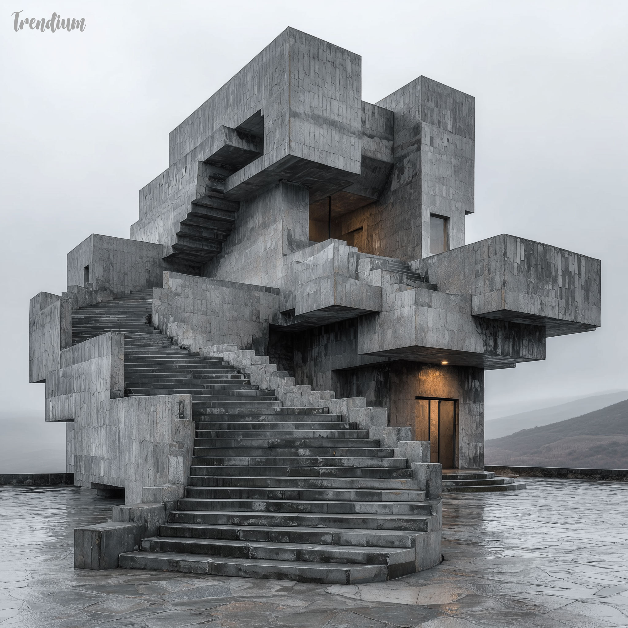 [prompt] Soviet brutalist government ministry building, Tbilisi Georgia style, futuristic cascading concrete terraces, overcast dramatic sky, moss and staining on raw concrete, constructivist architecture, cinematic wide angle, photorealistic --raw --stylize 500