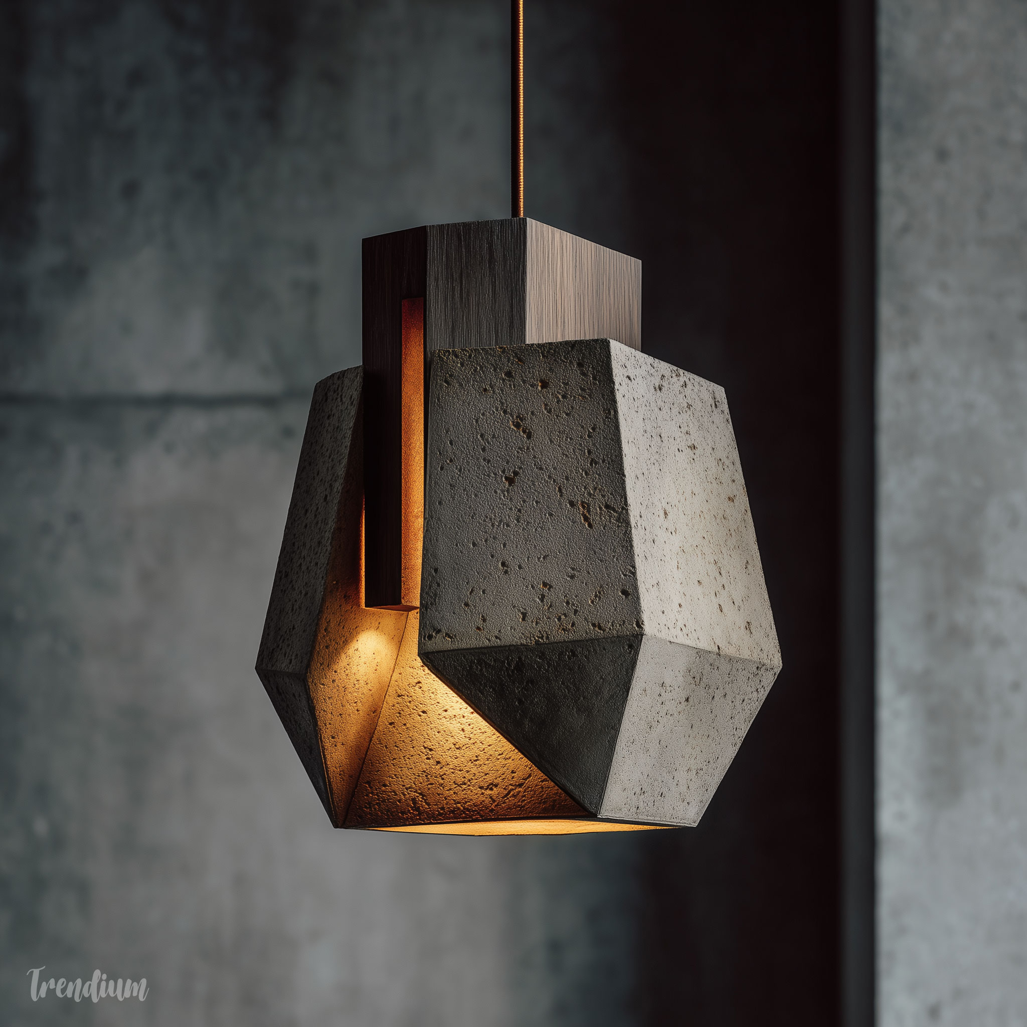 [prompt] Brutalist lighting design inspired by Korean traditional lantern, concrete outer shell, minimal geometric cut, soft inner glow, contrast between heavy material and warm light --raw --stylize 200