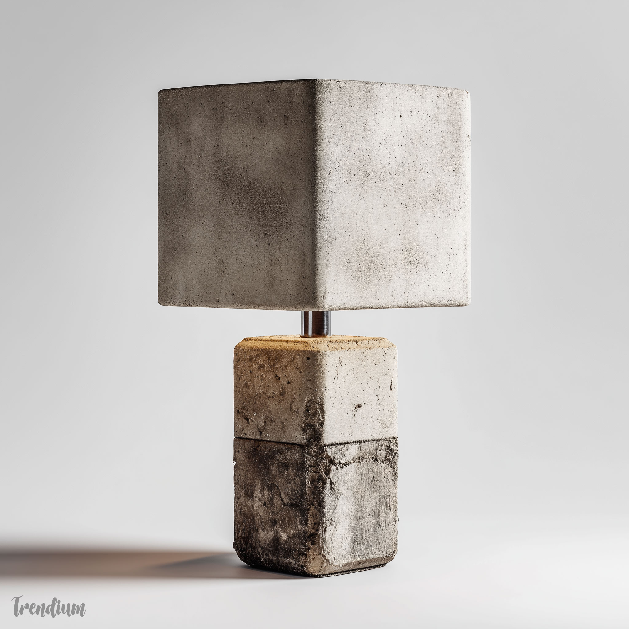 [prompt] Single minimalist concrete table lamp, raw cement texture, geometric brutalist form, matte surface, clean white background, product photography --raw --stylize 200