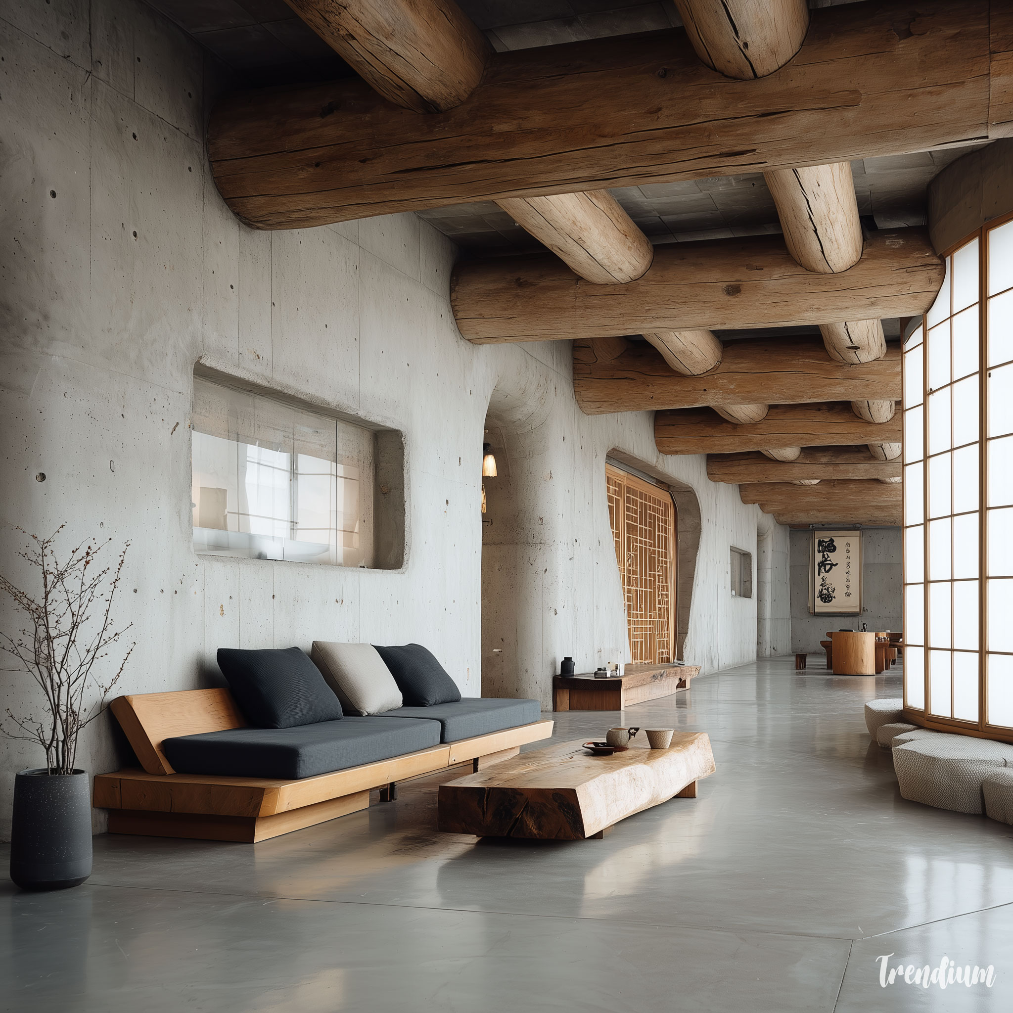 [prompt] Brutalist Korean interior inspired by hanok, exposed concrete floor mimicking wooden maru, visible structural joints, minimal furniture, natural light through paper-like panels, austere and serene atmosphere --raw --stylize 330