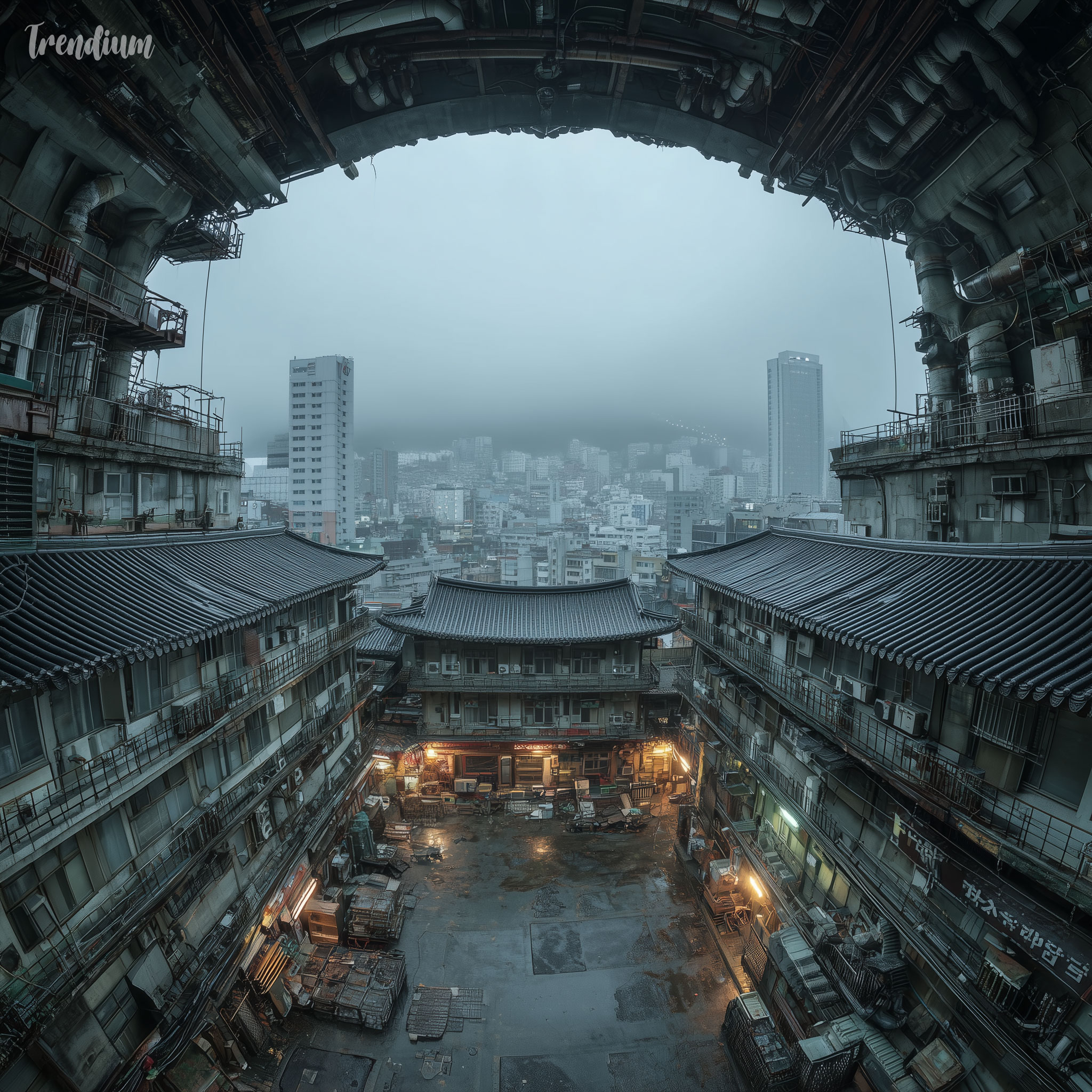 [prompt] Seoul cityscape reimagined in brutalist architecture, hanok roofs merged with concrete megastructures, exposed pipes and beams, dystopian yet poetic mood, foggy environment, cinematic wide angle --raw --stylize 300