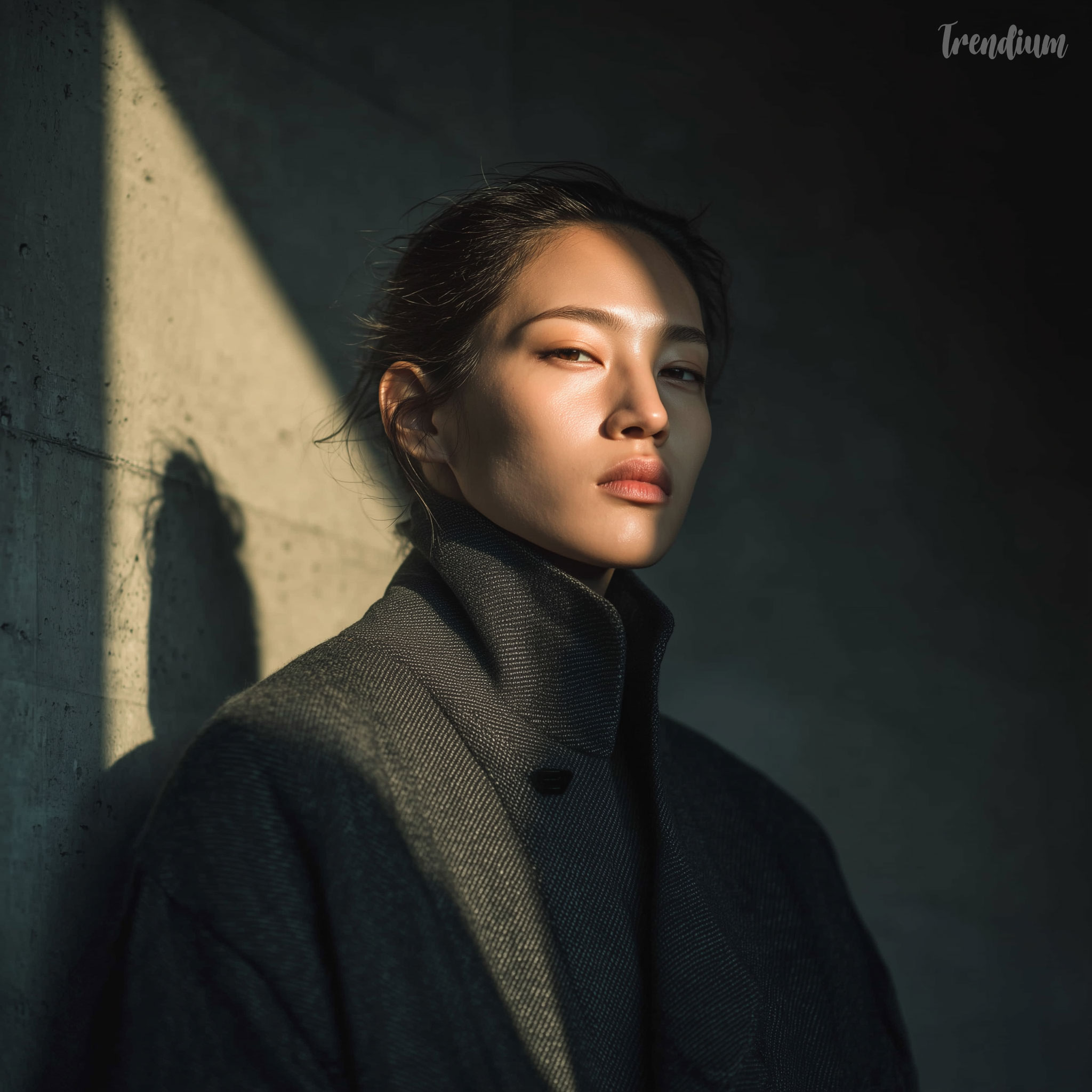 [prompt] A Korean Female model in oversized gray structured coat, brutalist concrete wall backdrop, harsh light, deep shadows, austere utilitarian mood, editorial fashion photography --raw --stylize 500 --exp 1 --chaos 1