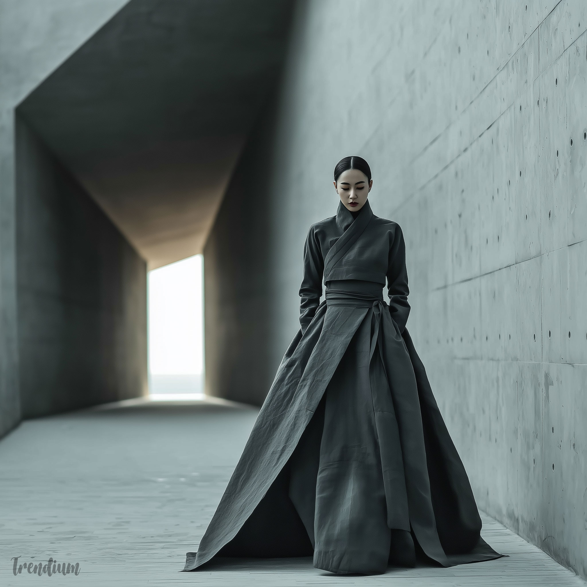[prompt] Korean hanbok reinterpreted in brutalist fashion, structured silhouette, raw fabric texture, monochrome gray palette, oversized geometric forms, minimal decoration, high contrast lighting, editorial style --exp 1 --raw --stylize 500