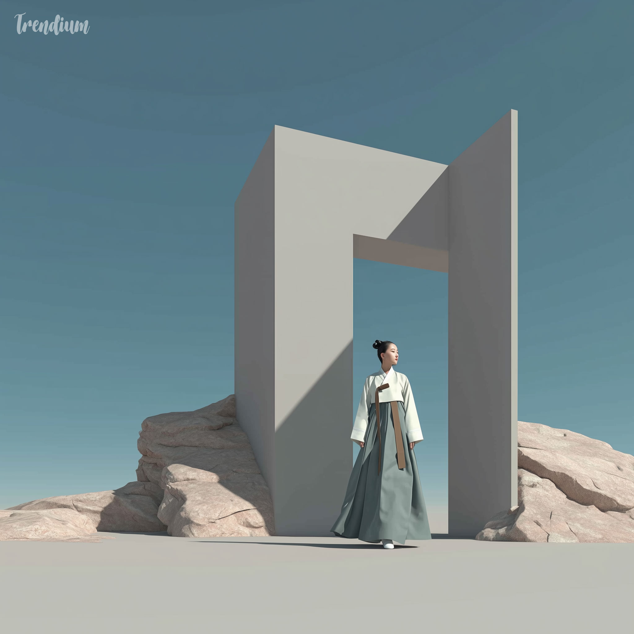 [prompt] Korean hanbok reinterpreted in brutalist fashion, structured silhouette, raw fabric texture, monochrome gray palette, oversized geometric forms, minimal decoration, high contrast lighting, editorial style --stylize 500 --raw --exp 1 --sref 3699043128