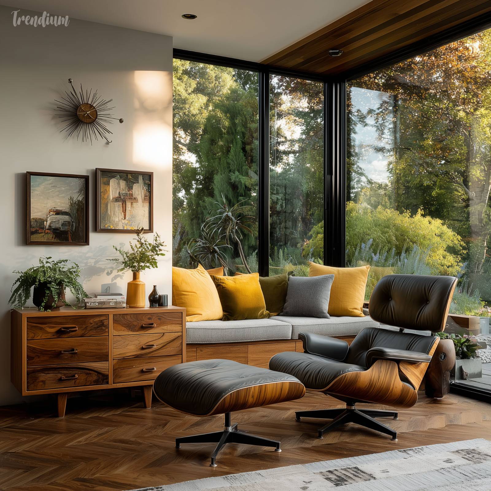 [prompt] mid-century modern living room, walnut wood furniture, Eames lounge chair, sunken seating area, floor-to-ceiling windows with garden view, warm afternoon light, avocado green and mustard accent cushions, starburst clock on wall, teak sideboard, analog film grain, Kodachrome palette --stylize 400