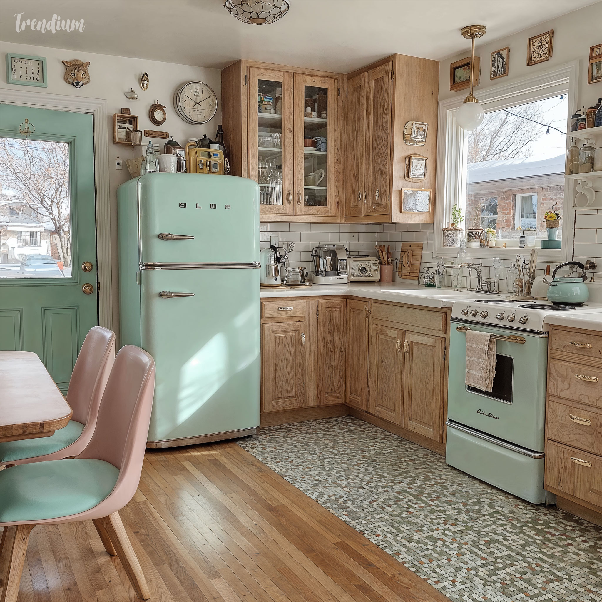 [prompt] mid-century kitchen interior, pastel appliances, clean surfaces, open layout, warm wood cabinets, soft natural light, nostalgic yet modern atmosphere --raw --stylize 500