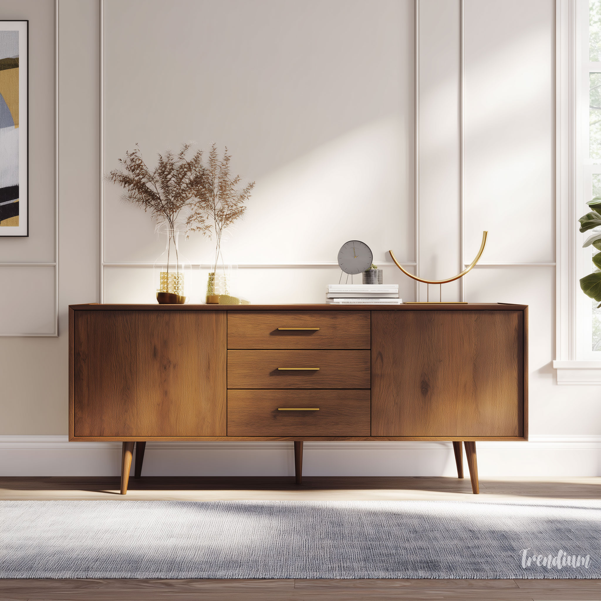[prompt] mid-century modern furniture catalog shot, walnut sideboard, clean lines, tapered legs, styled living room background, soft natural lighting, editorial composition, high-end product photography --raw --stylize 0