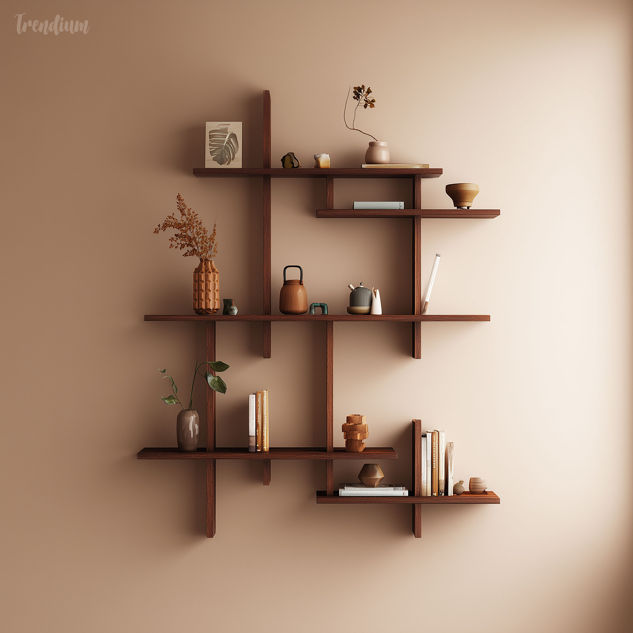 [prompt] mid-century shelving design catalog, teak wood modular shelf, geometric layout, curated objects display, warm beige wall, balanced composition, interior editorial shoot --raw --stylize 0