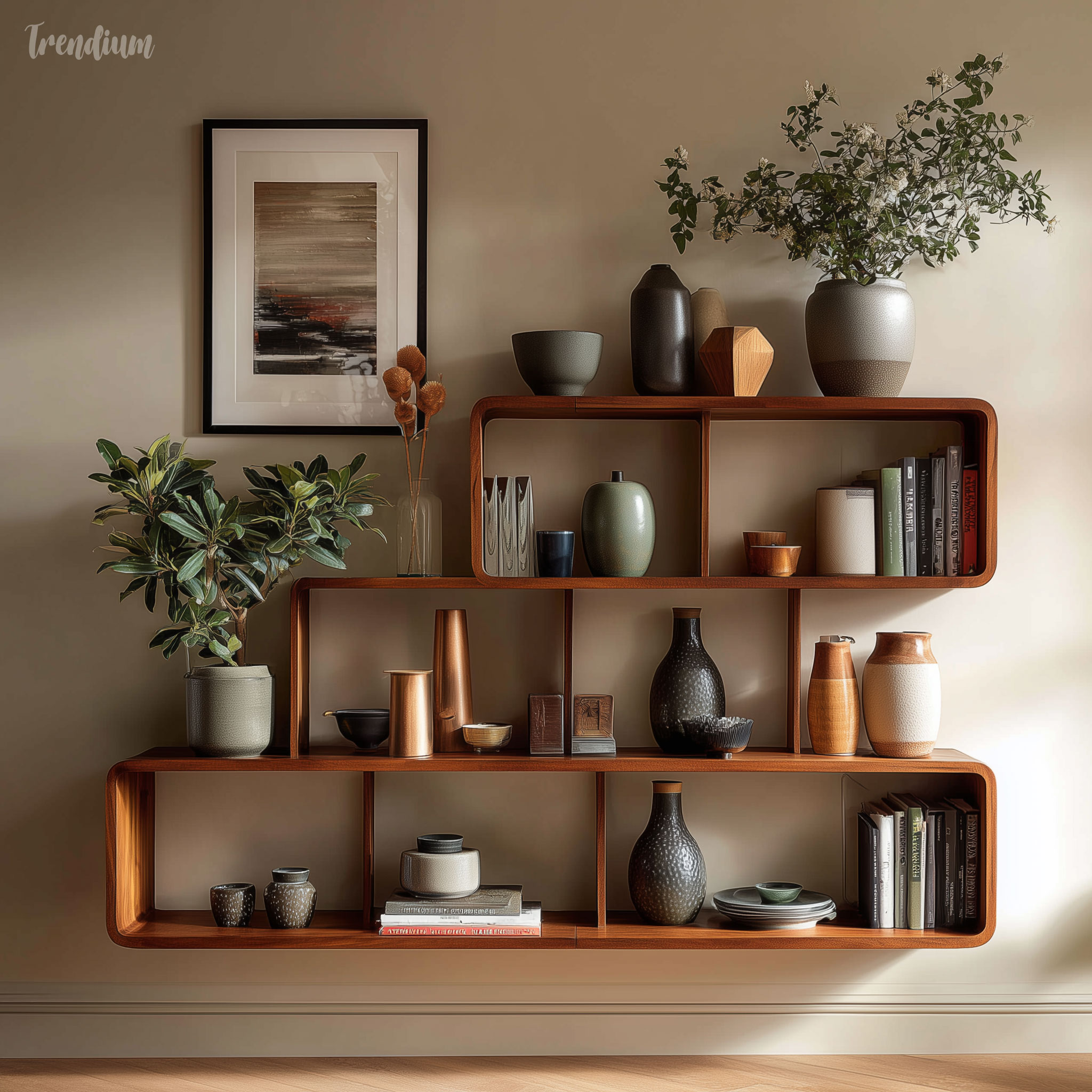 [prompt] mid-century shelving design catalog, teak wood modular shelf, geometric layout, curated objects display, warm beige wall, balanced composition, interior editorial shoot --raw --stylize 270