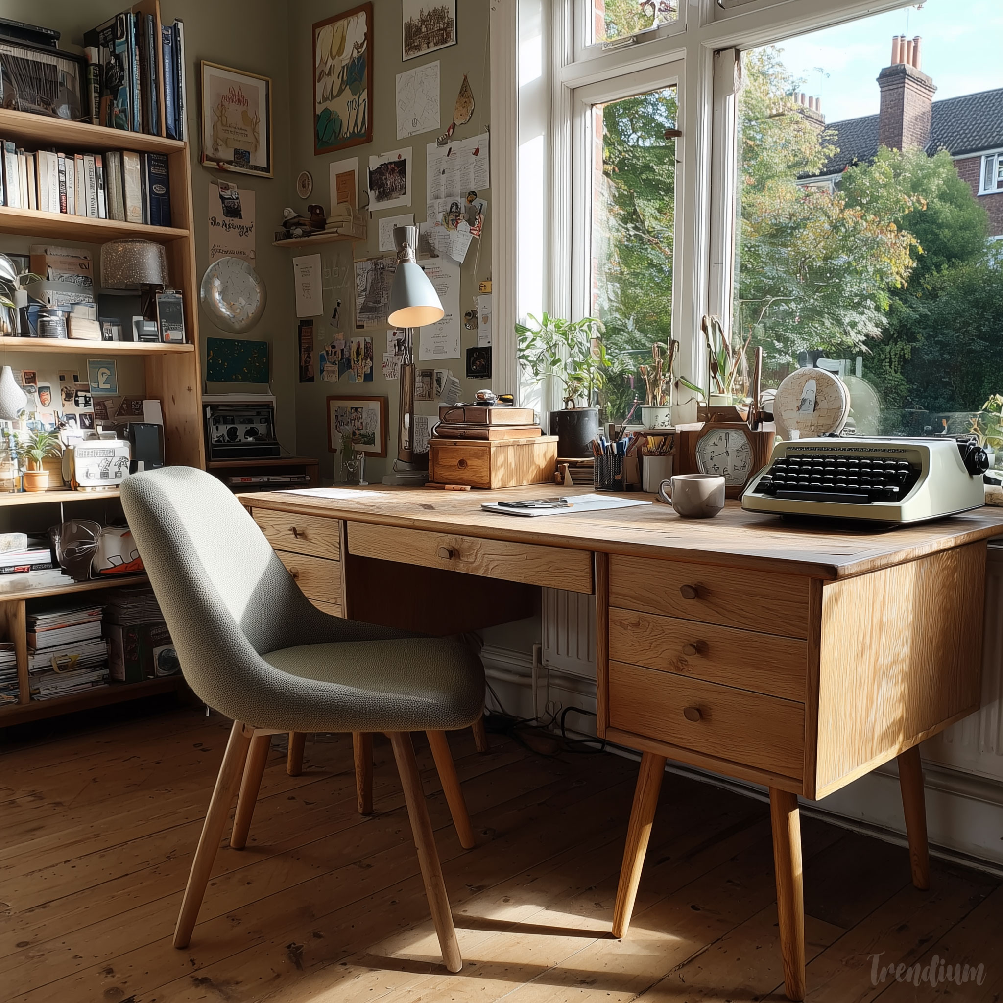 [prompt] mid-century desk workspace, wooden desk with tapered legs, minimal accessories, soft natural lighting, everyday working environment, cozy and practical ikea style --raw --stylize 350