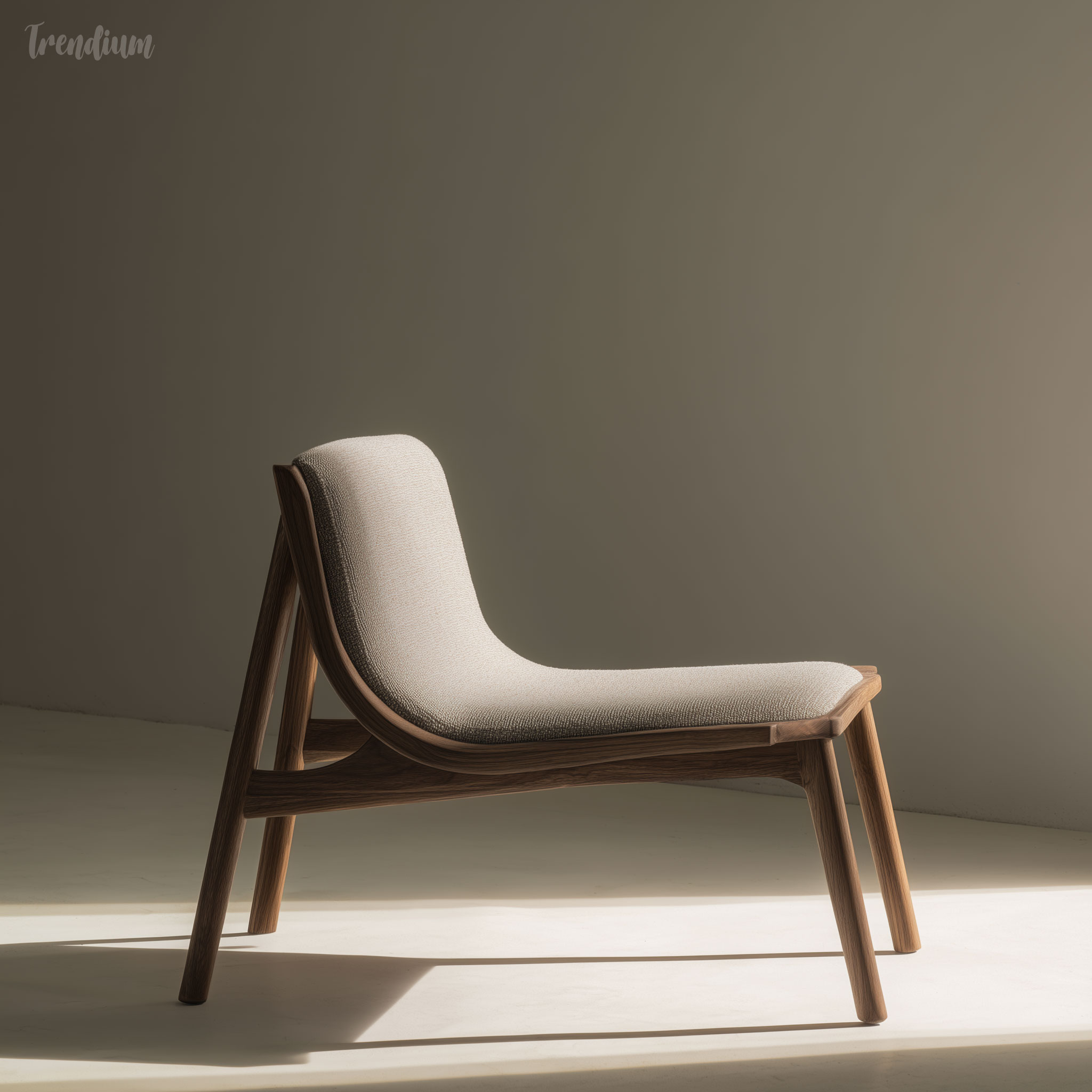 [prompt] mid-century reinterpretation of korean seating furniture, low floor chair inspired by traditional culture, curved wooden frame, fabric cushion, warm tones, calm and modern composition --chaos 5 --raw --stylize 0