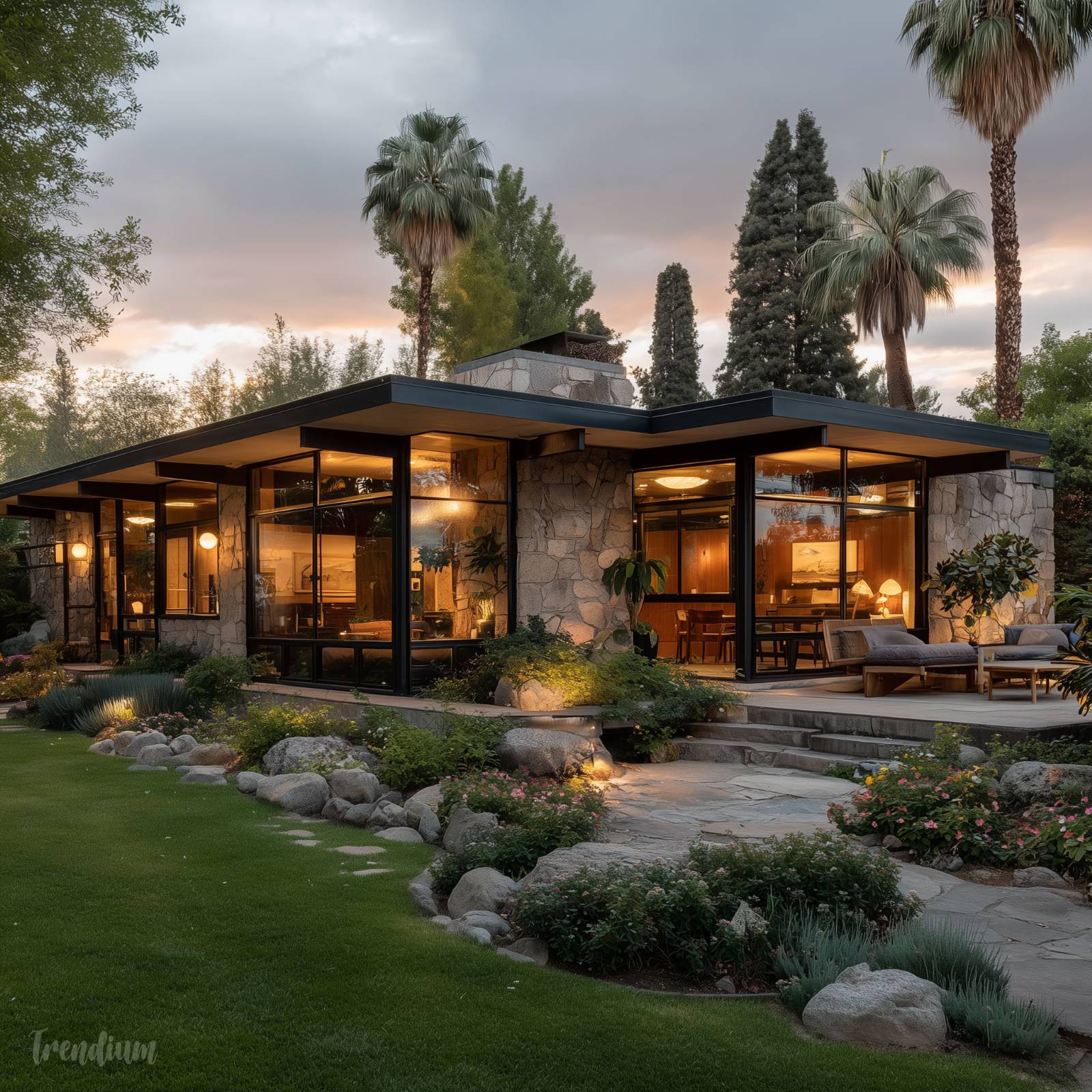 [prompt] mid-century modern California house exterior, flat roof, floor-to-ceiling glass walls, post-and-beam construction, lush garden with palm trees, golden hour light, Case Study House style, architectural photography, 1960s modernist dream home --raw --stylize 500