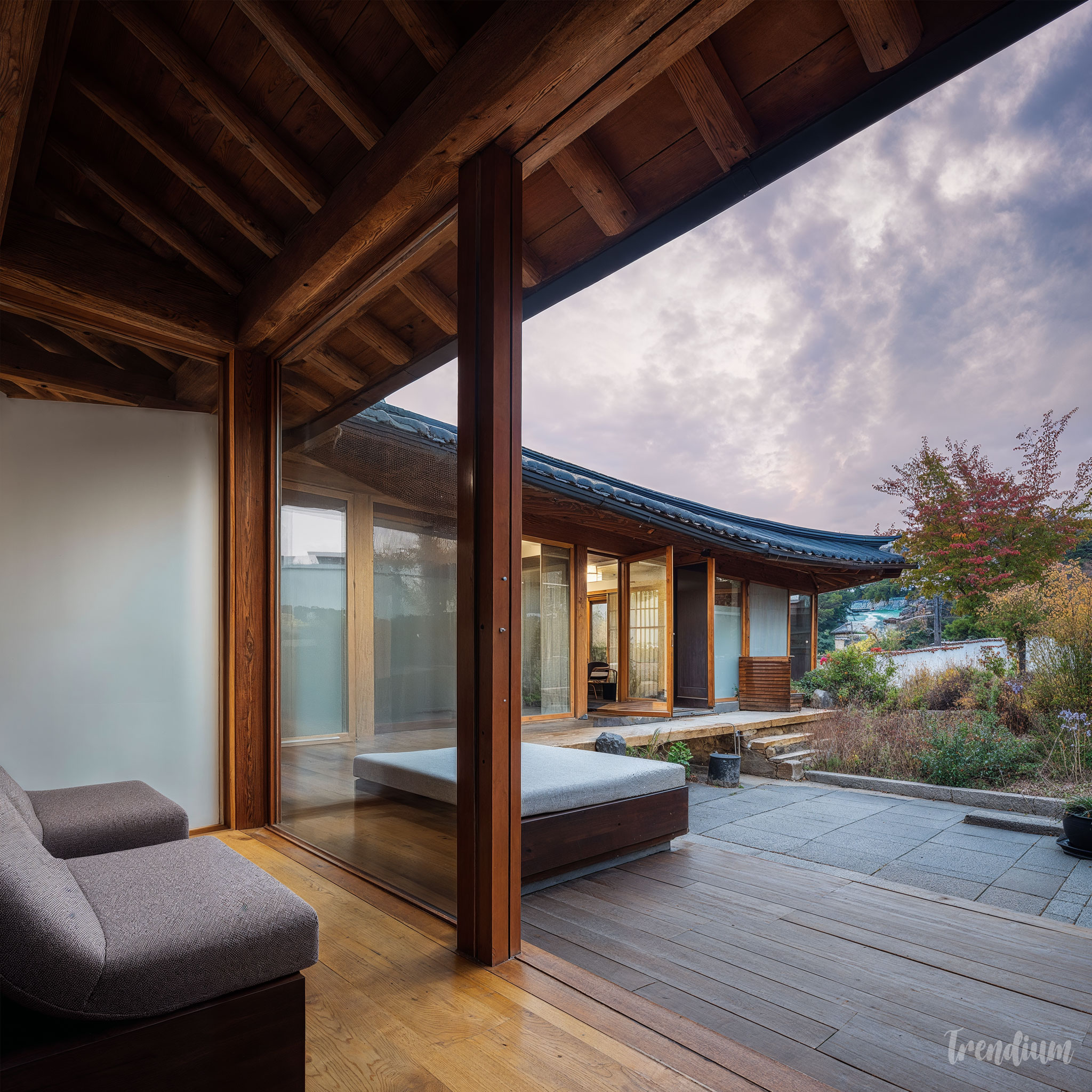 [prompt] korean mid-century reinterpretation, hanok-inspired structure with modern flat roof, warm wood textures, minimal layout, indoor-outdoor harmony, calm and poetic atmosphere --exp 1 --raw --stylize 12