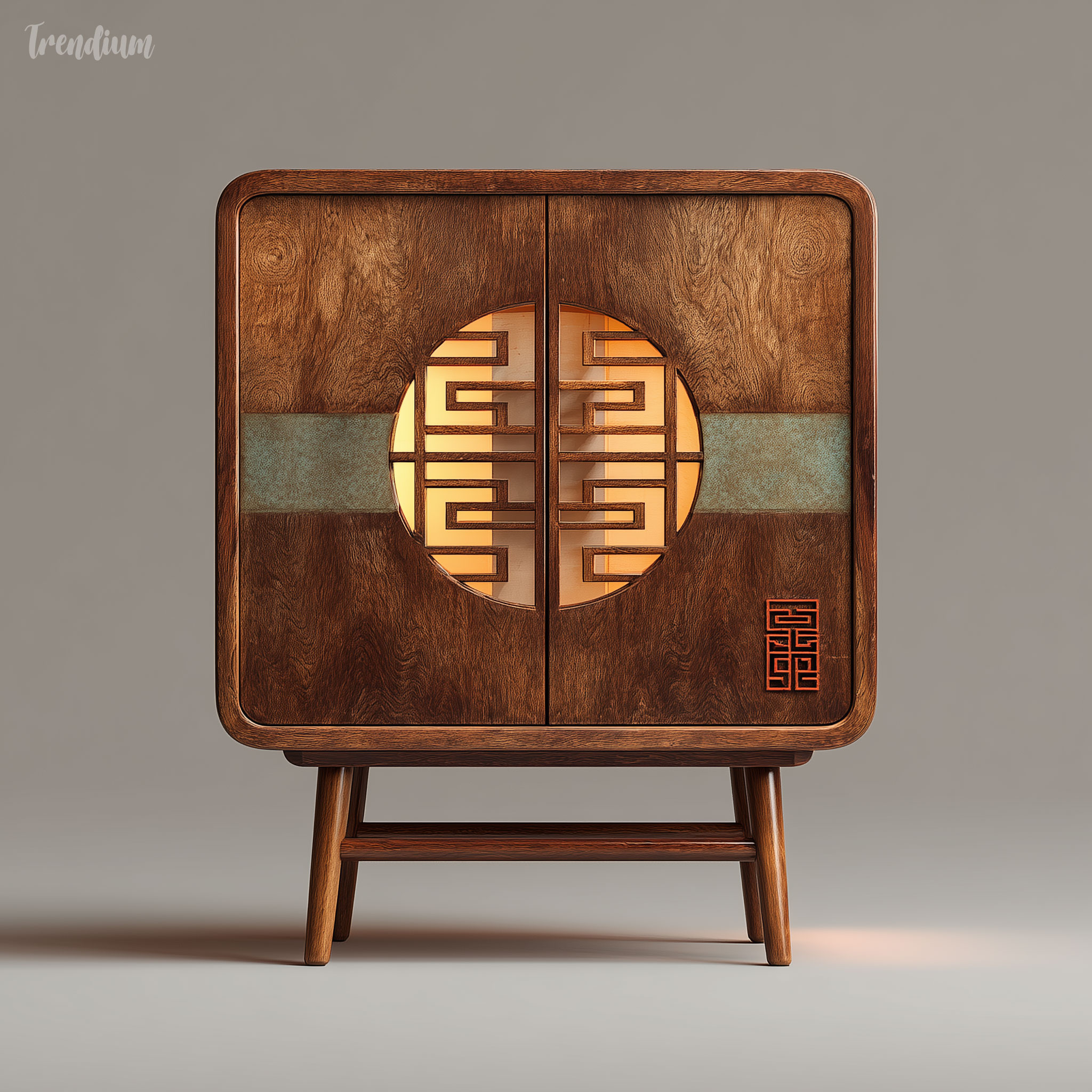 [prompt] mid-century korean chest reinterpretation, traditional bandaji cabinet redesigned with clean lines, hidden handles, teak wood, geometric simplicity, warm ambient lighting, modern minimalist aesthetic --chaos 3 --exp 3 --raw --stylize 250