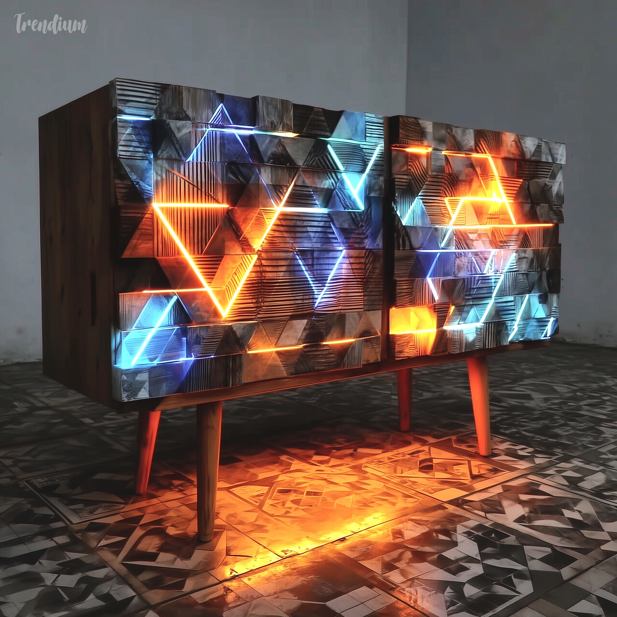 [prompt] mid-century korean chest reinterpretation, traditional bandaji cabinet redesigned with clean lines, hidden handles, teak wood, geometric simplicity, warm ambient lighting, modern minimalist aesthetic --chaos 3 --exp 3 --sref 1279063683 --raw --stylize 250