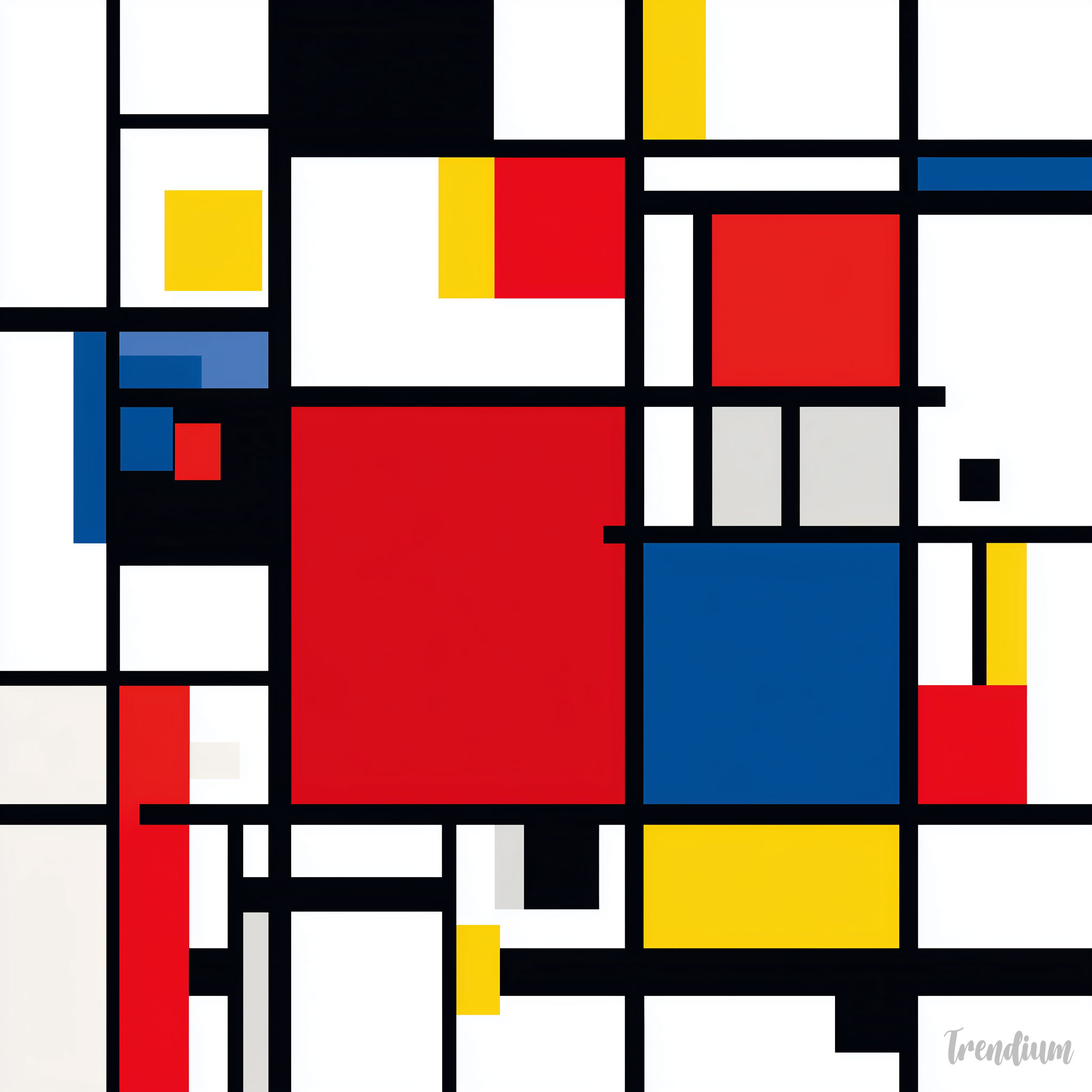 [prompt] Mondrian composition, primary colors red blue yellow, thick black orthogonal lines, white background, flat geometric planes, neoplasticism, no curves no diagonals