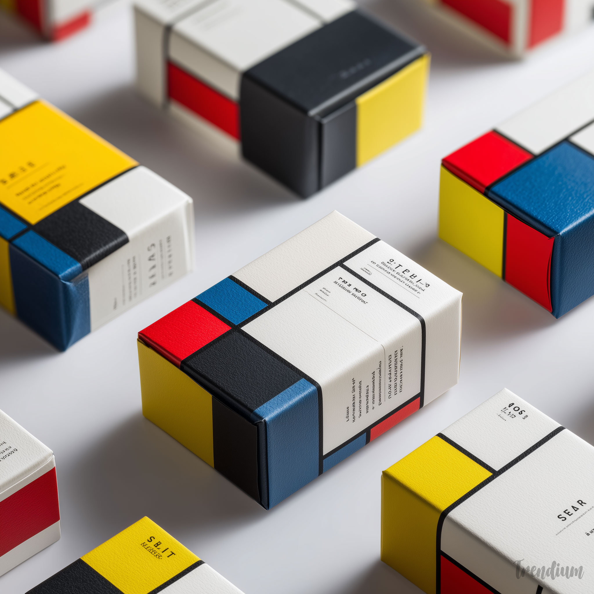 [prompt] product packaging design in De Stijl style, primary color blocks, thick black grid lines, geometric sans-serif typography, flat composition, modernist graphic design, white background --raw --stylize 200