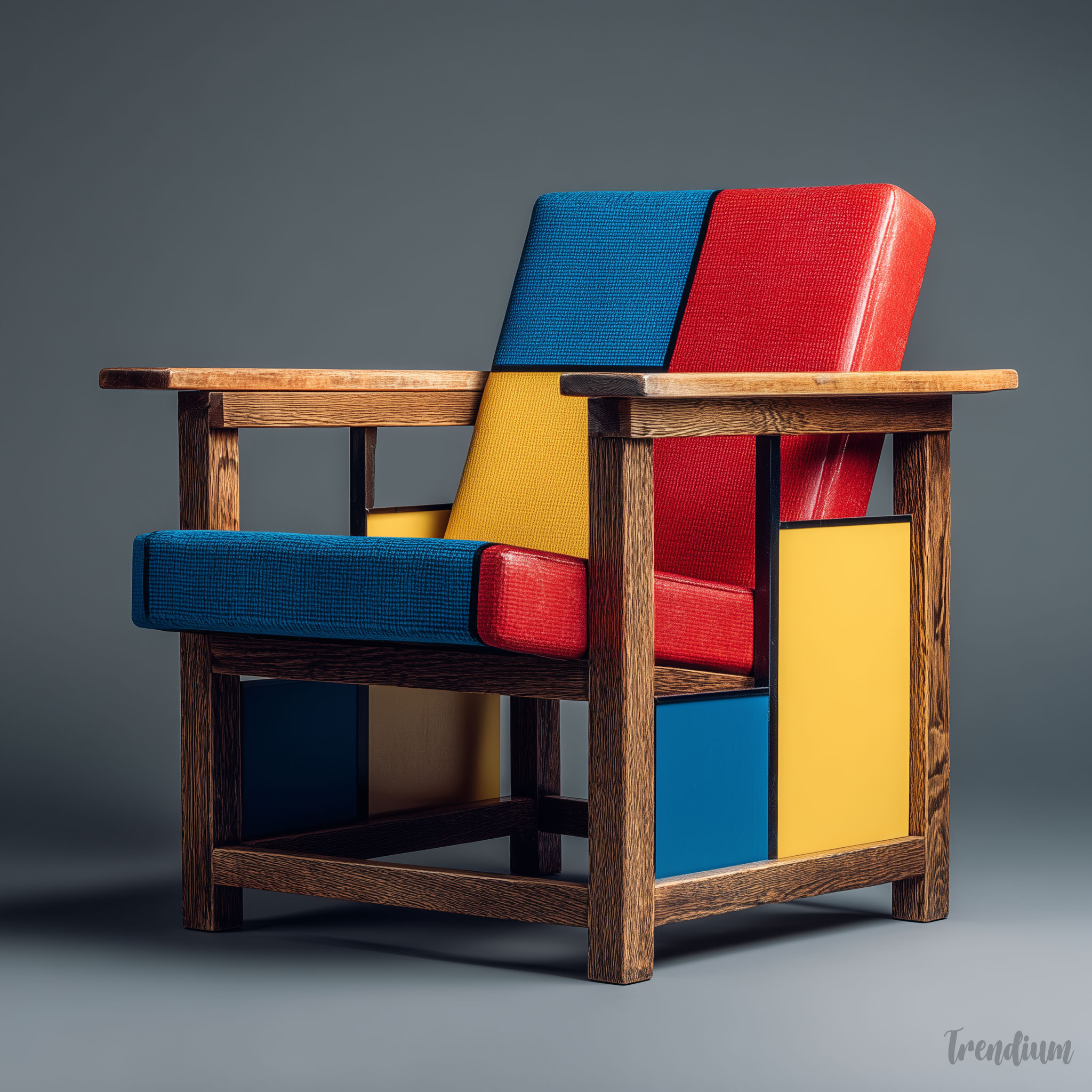 [prompt] De Stijl inspired furniture design, geometric chair with primary color accents, exposed wooden structure, red seat blue back yellow edge, Rietveld Red Blue Chair style, studio lighting, product photography --raw --stylize 200