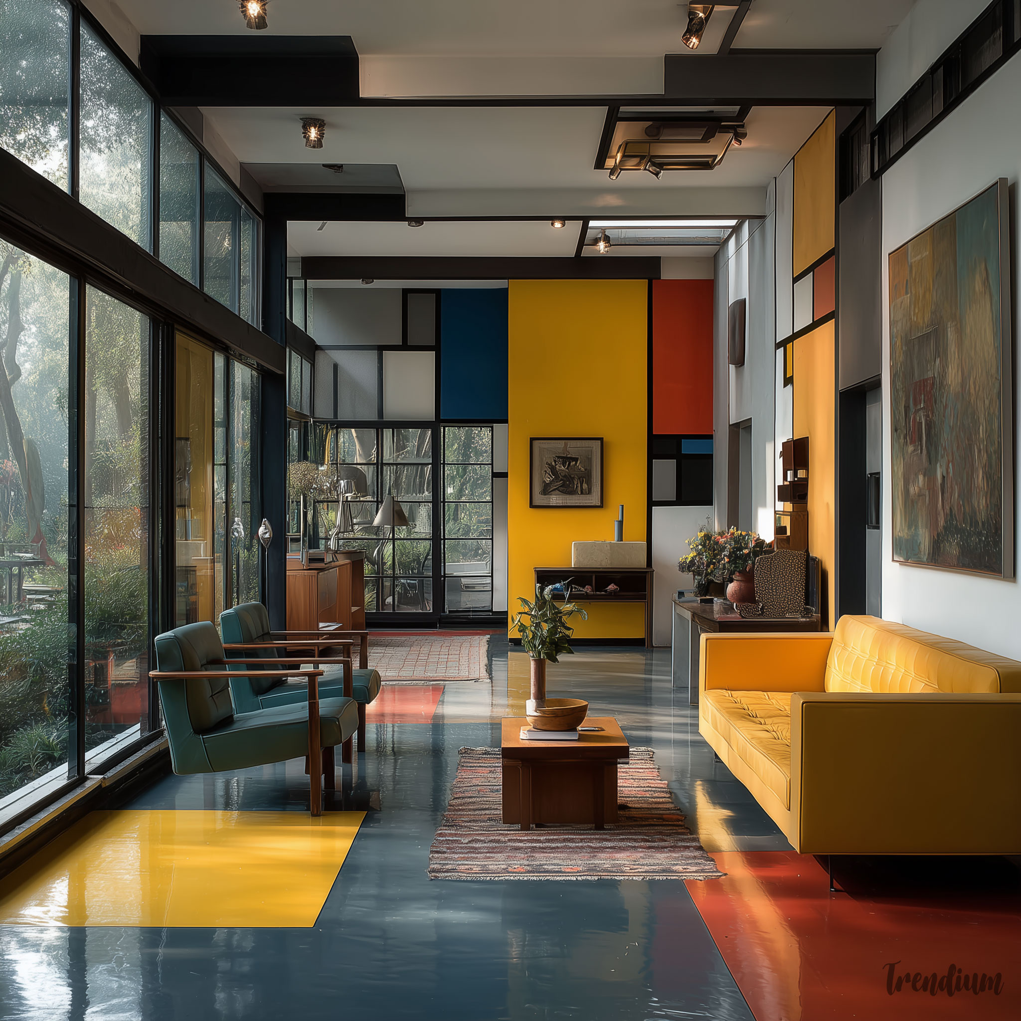 [prompt] De Stijl interior space, Rietveld Schröder House inspired, primary color wall panels, horizontal vertical elements only, sliding partition walls, geometric furniture, strong black structural lines, natural light --raw --stylize 300