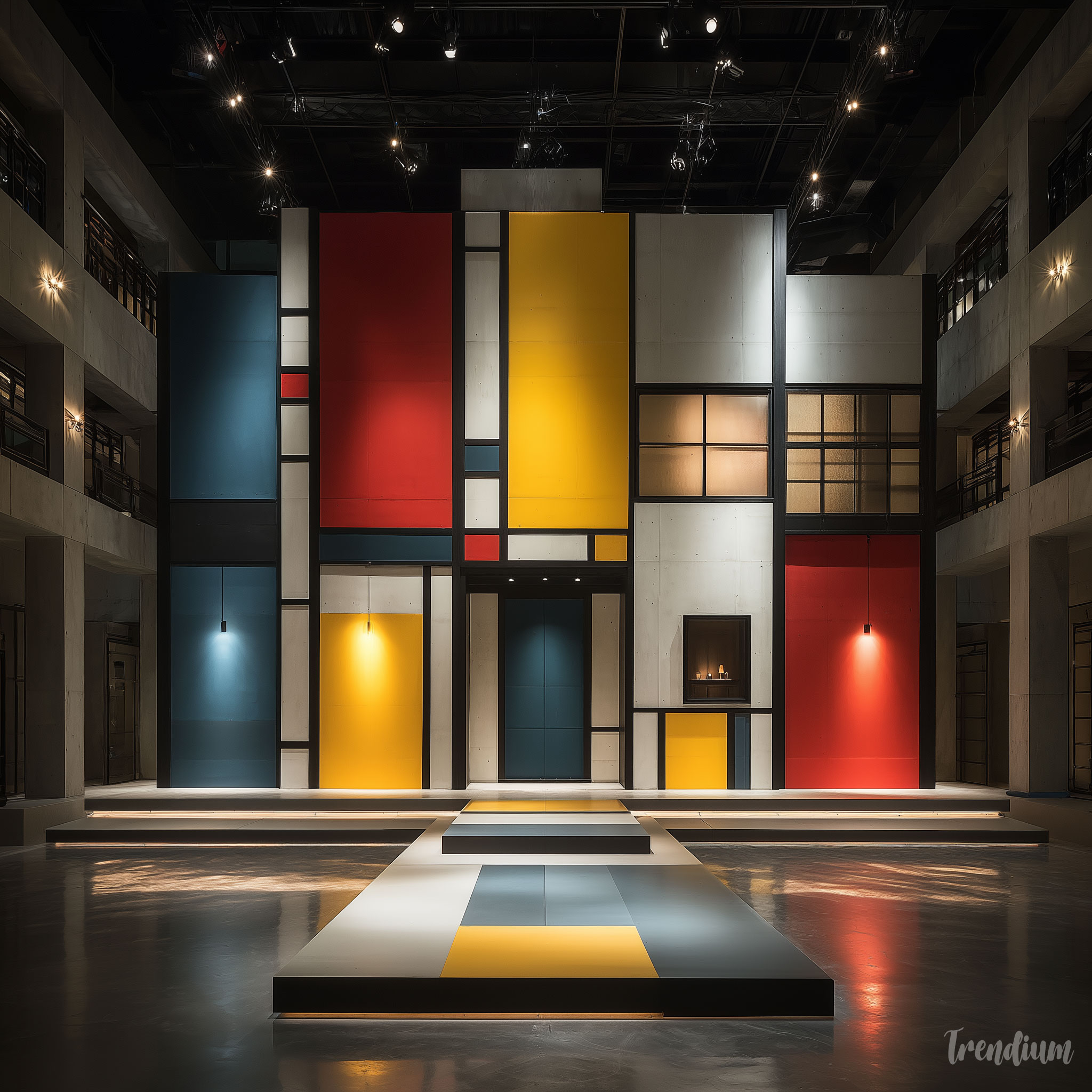 [prompt] K-pop stage set design in De Stijl aesthetic, geometric primary color panels, structural black frames, horizontal vertical lines only, bold modernist backdrop, clean minimal composition --raw --stylize 400