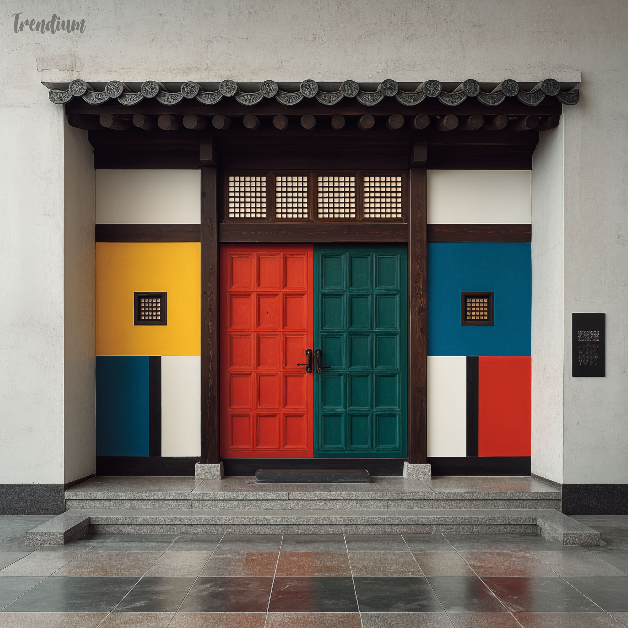 [prompt] Korean hanok reinterpreted in De Stijl style, traditional wooden structure translated into orthogonal grid, primary color panels replacing paper doors, black structural lines, white negative space, Mondrian meets Korean architecture --raw --stylize 400