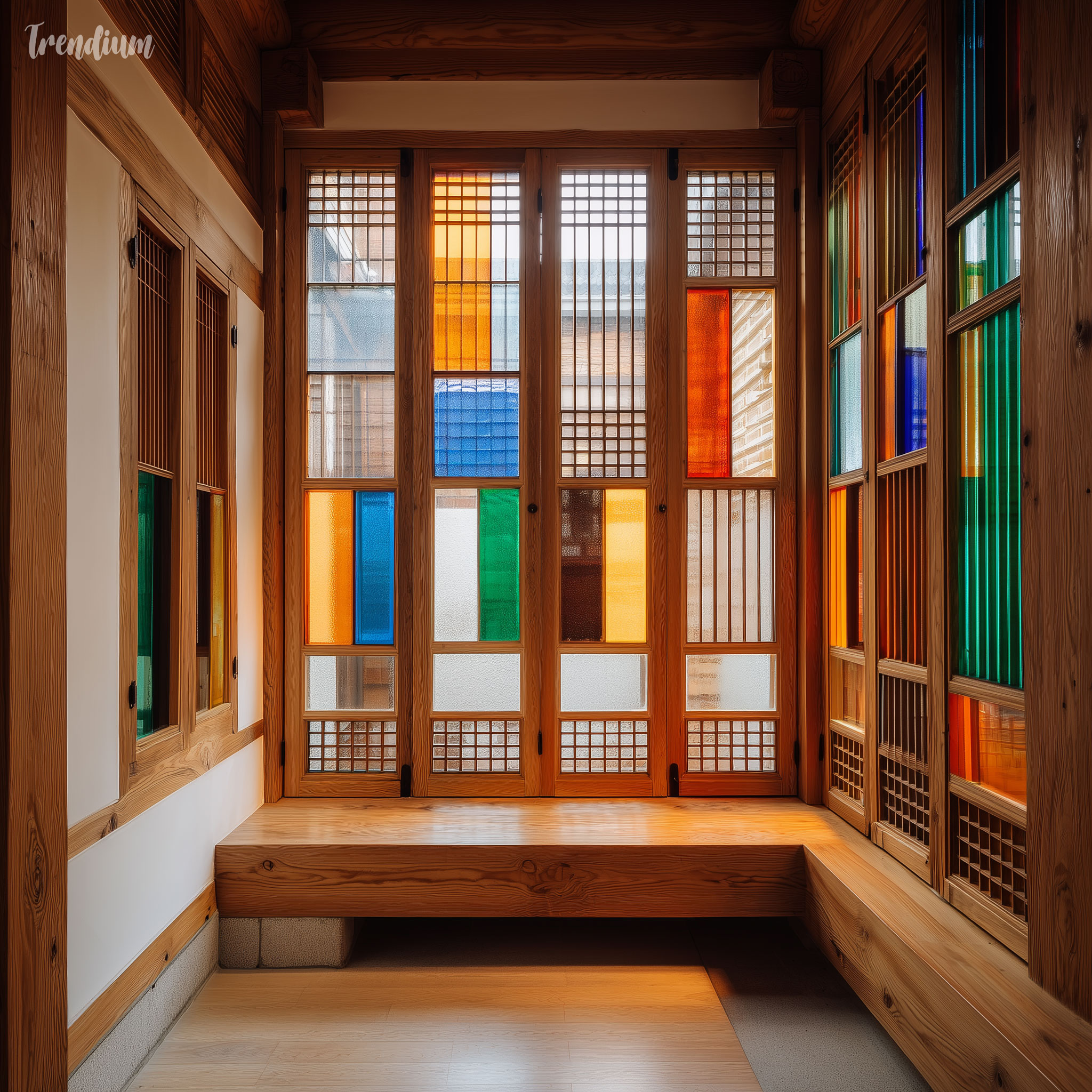 [prompt] Modern Hanok interior, traditional wooden window frames (Changho), De Stijl geometric planes, primary color glass inserts, vertical horizontal wooden grid, zen atmosphere, dynamic balance --raw --stylize 120