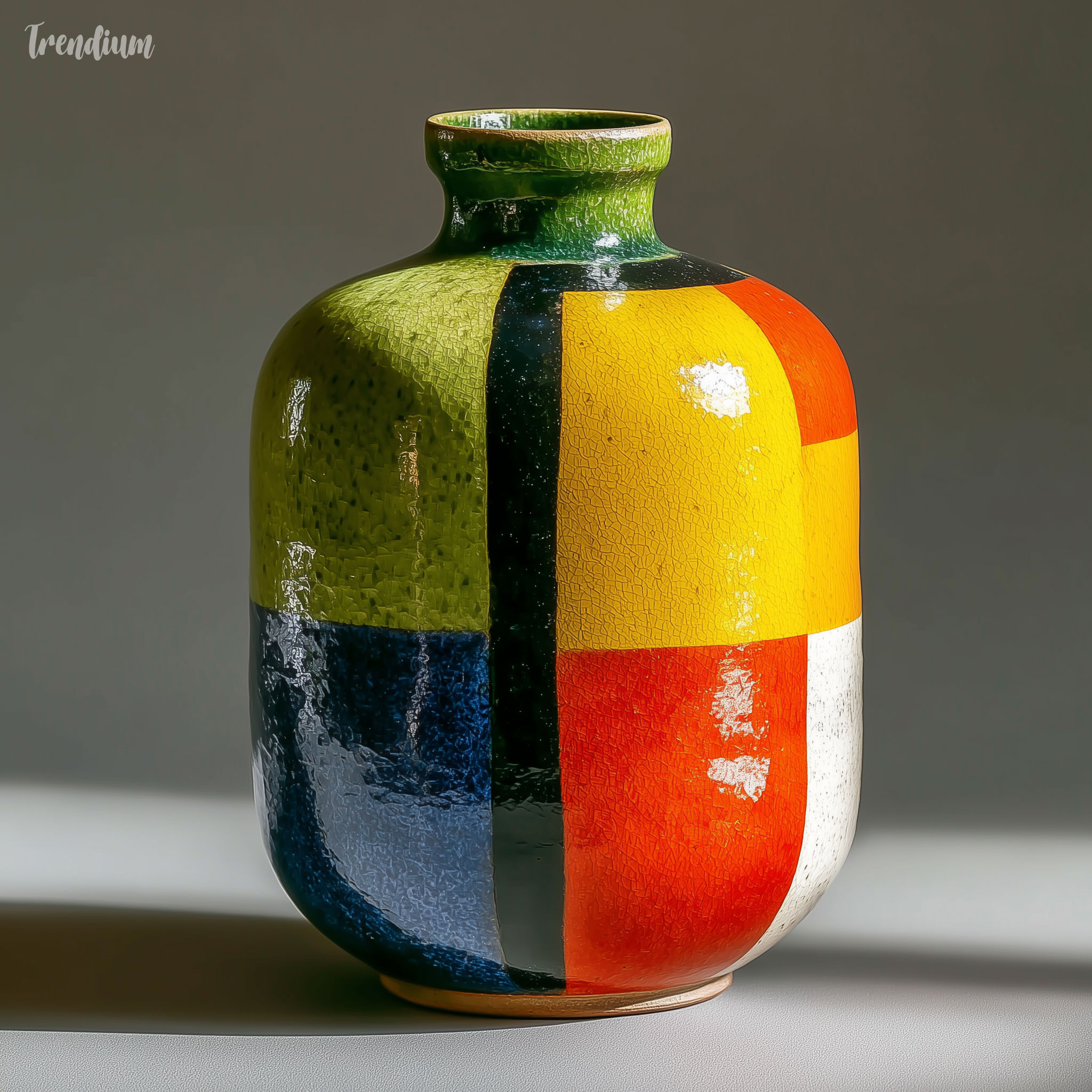 [prompt] Korean celadon ceramic vase reimagined in De Stijl, geometric form only, primary color bands, thick black dividing lines, no organic curves, modernist translation of traditional craft, studio lighting --raw --stylize 700
