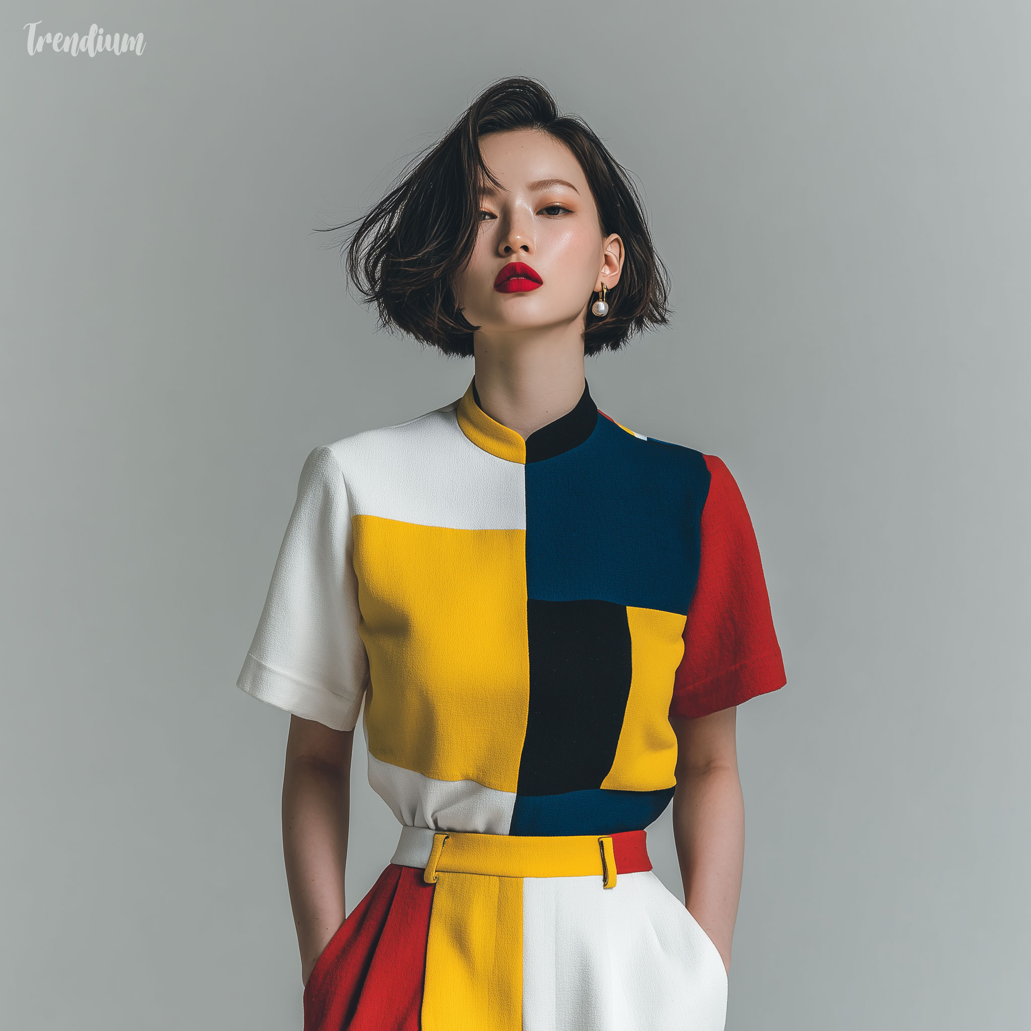 [prompt] A Korean model. De Stijl fashion editorial, structured geometric clothing, primary color blocking, clean lines, white studio background, modernist aesthetic, Korean model, bold minimal styling --raw --stylize 400