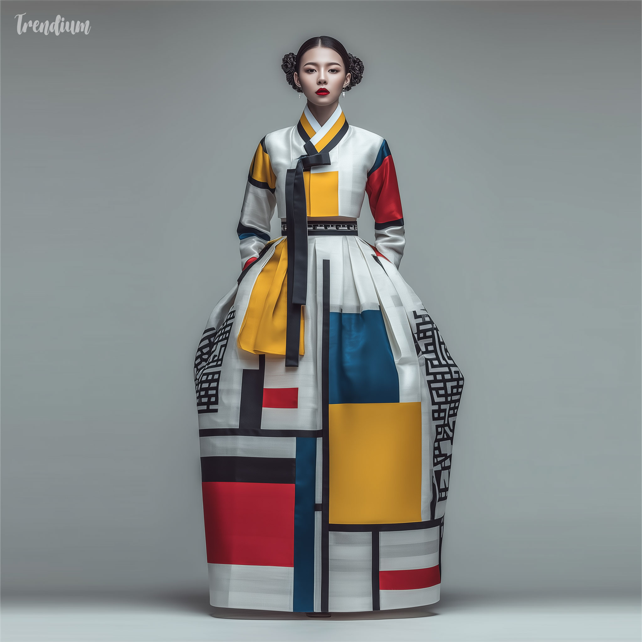 [prompt] Contemporary Hanbok fashion design, Mondrian inspired patterns, primary color blocks on white silk, geometric silhouette, black border accents, fusion of East and West, avant-garde --raw --quality 2 --stylize 350