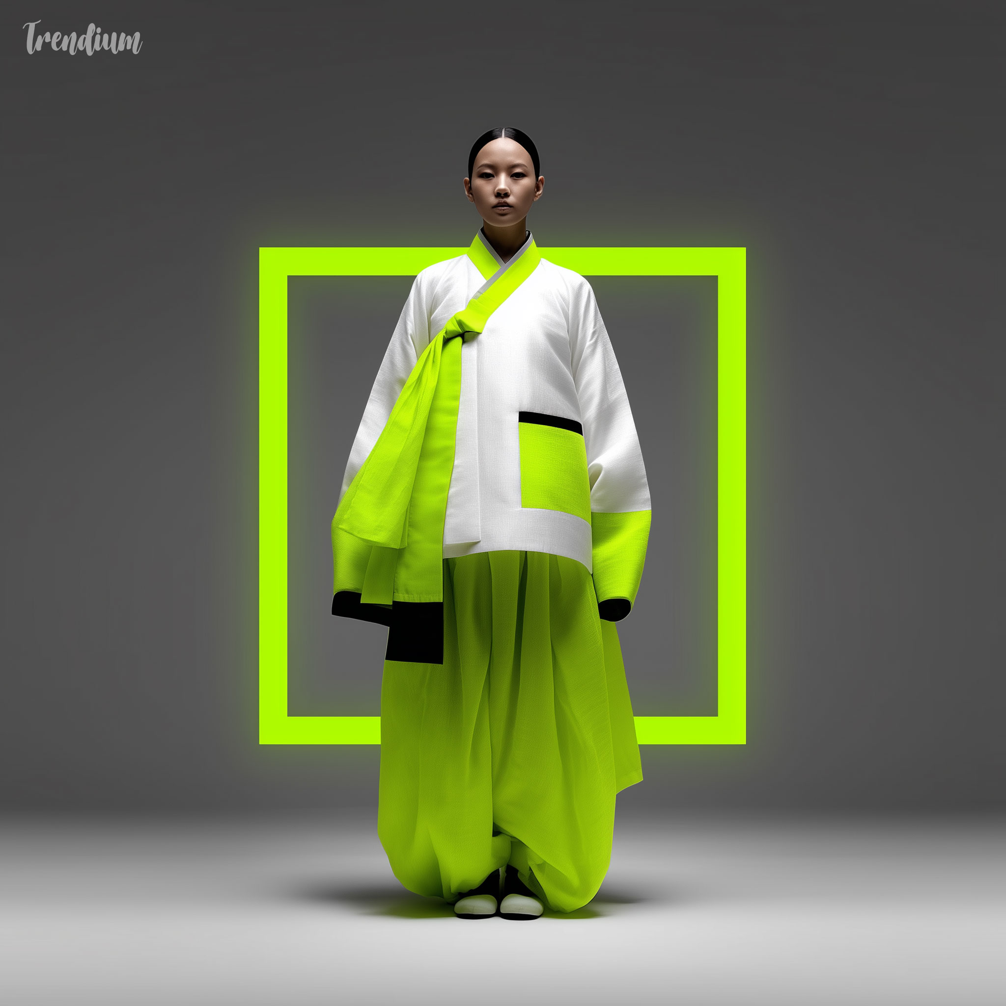 [prompt] Contemporary Hanbok fashion design, Mondrian inspired patterns, primary color blocks on white silk, geometric silhouette, black border accents, fusion of East and West, avant-garde --sref 651412785 --raw --quality 2 --stylize 350