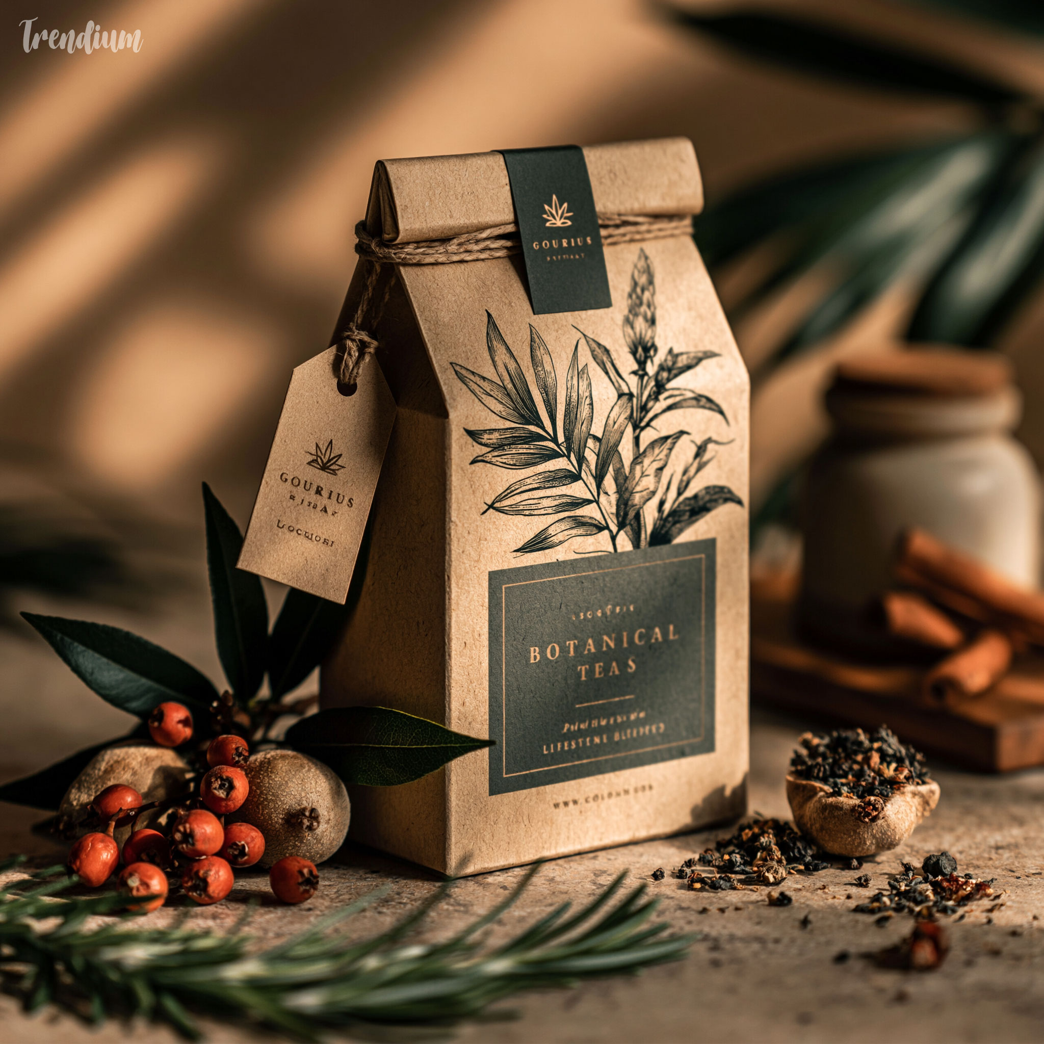 [prompt] botanical tea packaging design, fine line plant illustration, kraft paper texture, muted natural color palette, elegant typography, minimal composition, soft diffused lighting, premium lifestyle brand --raw --stylize 1000 --v 8.1