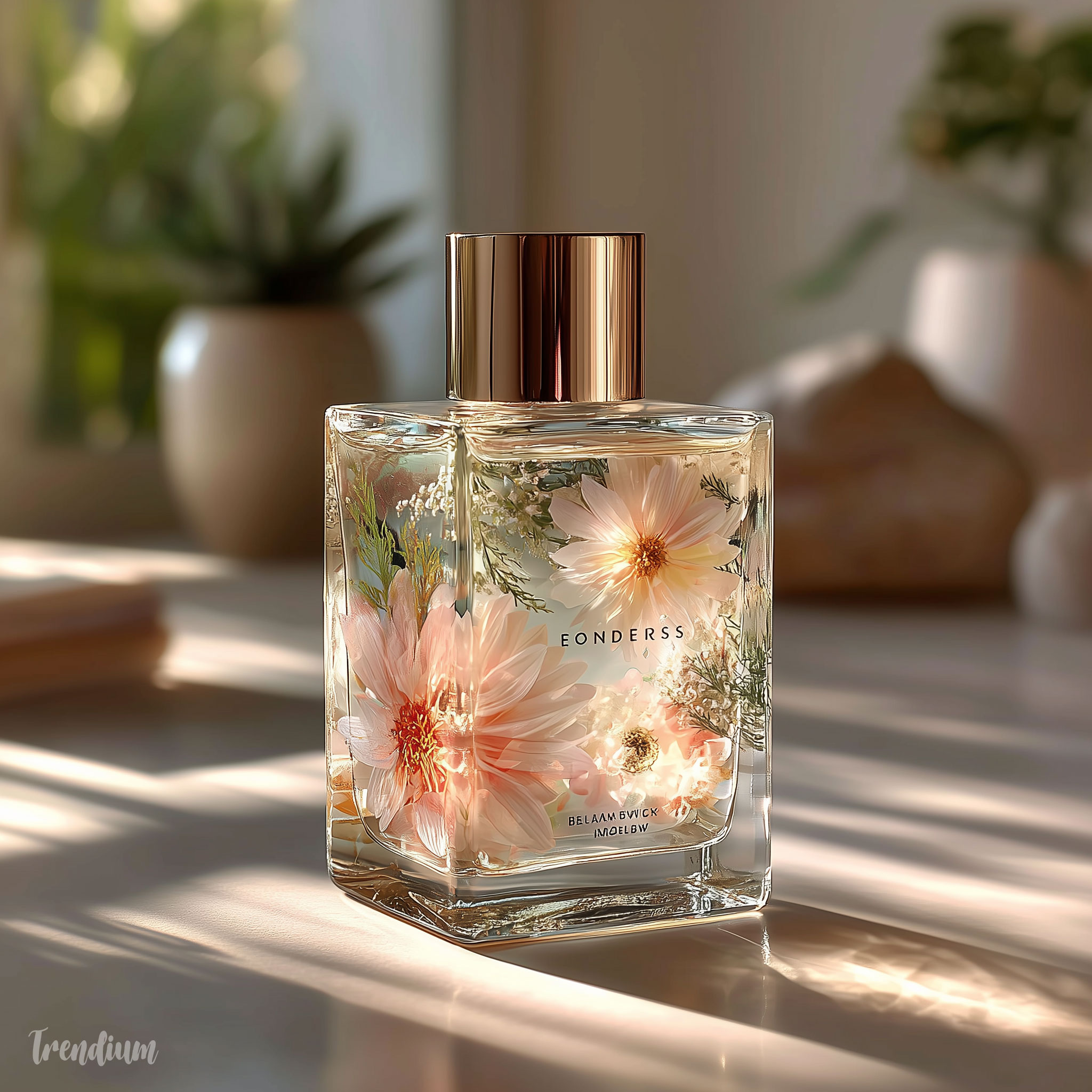 [prompt] botanical perfume packaging design, abstract floral structure, translucent glass bottle, soft blush and neutral tones, minimal branding, high-end editorial style, soft shadow lighting --raw --stylize 650