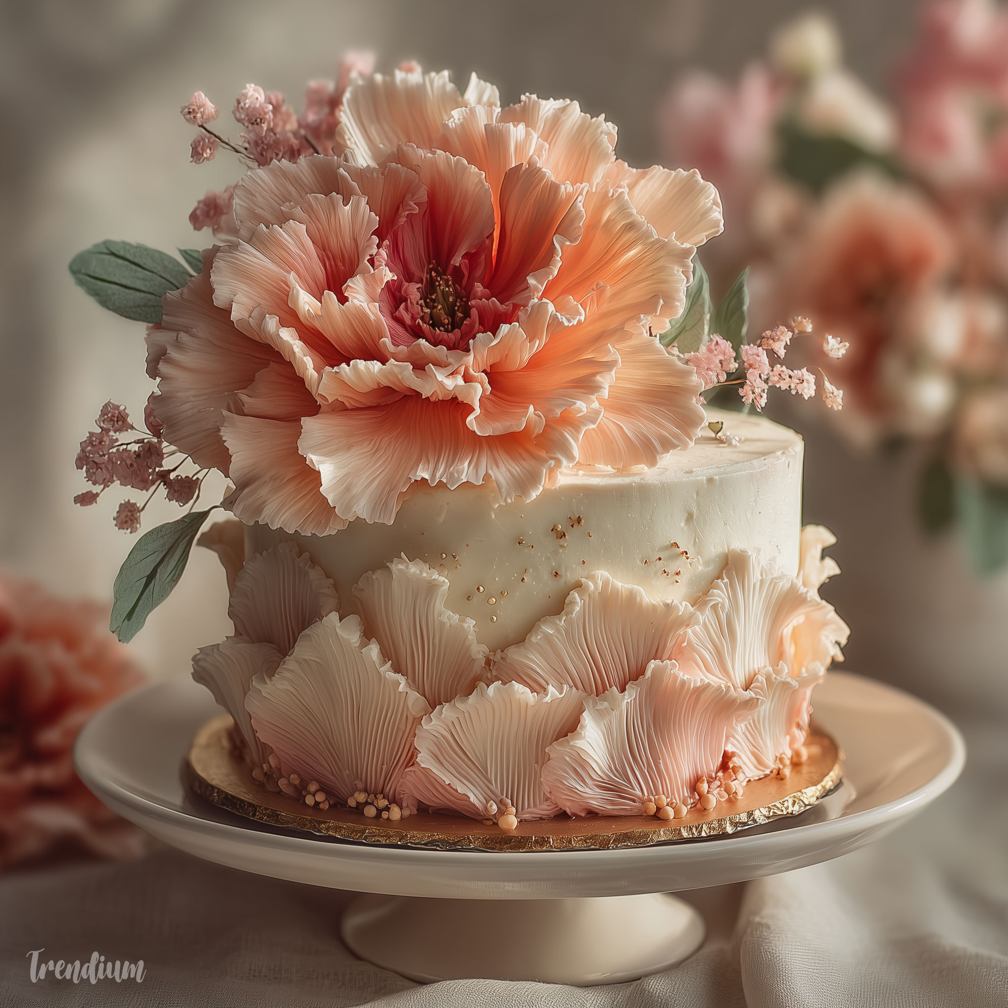 [prompt] botanical carnation cake design, layered ruffled petal structure made of buttercream, soft blush pink and warm ivory tones, delicate organic folds, minimal composition, elegant plating, soft natural light, high-end dessert photography --raw --stylize 520 --exp 1